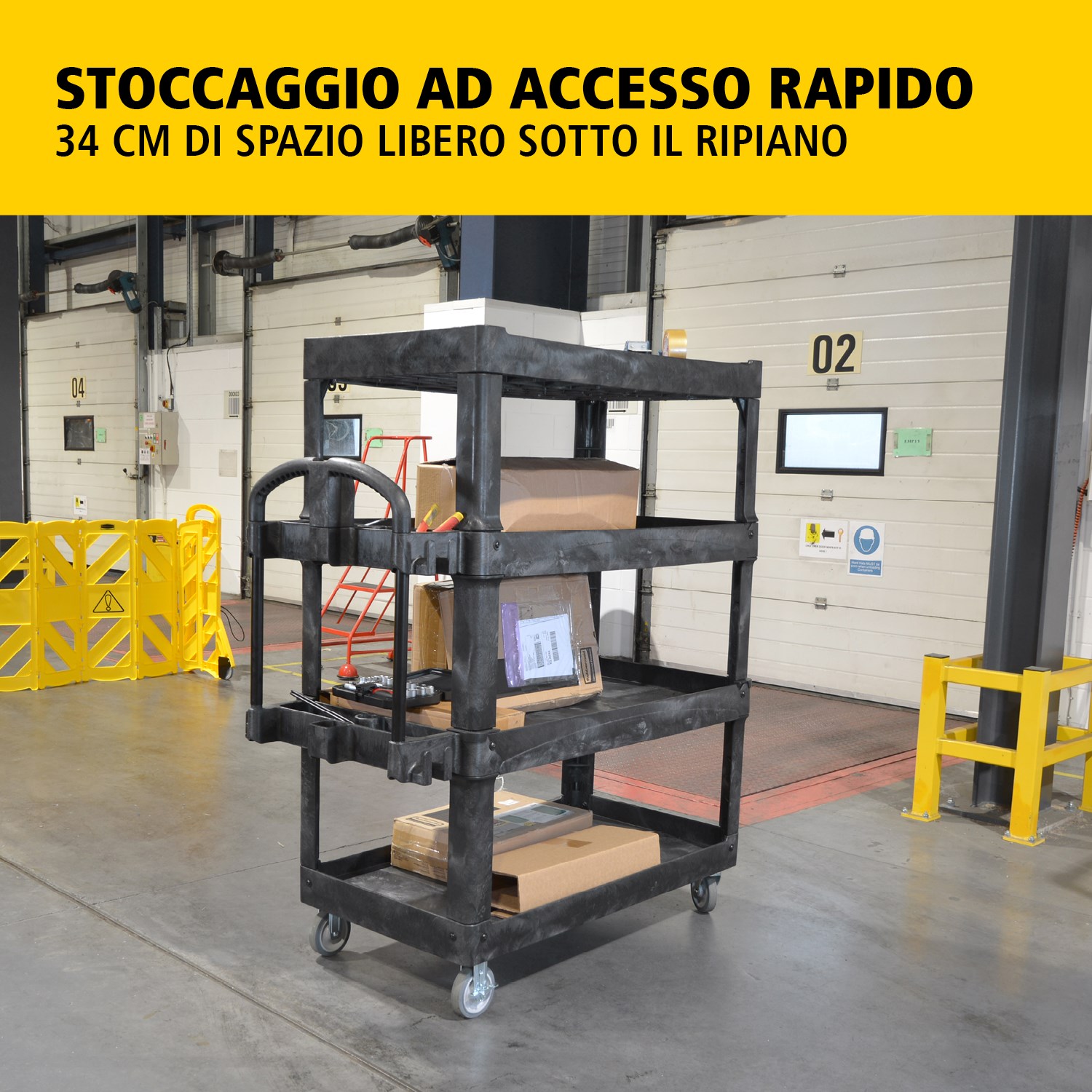 Il carrello utility BRUTE Heavy-Duty con ripiani bordati trasporta materiali e carichi pesanti in sicurezza fino a 226 kg – 340 kg (a seconda del modello), con opzioni a 2, 3 o 4 ripiani. I bordi impediscono la caduta degli oggetti e la maniglia ergonomica facilita la manovrabilità. La scanalatura a V integrata mantiene i tubi stabili durante il taglio.