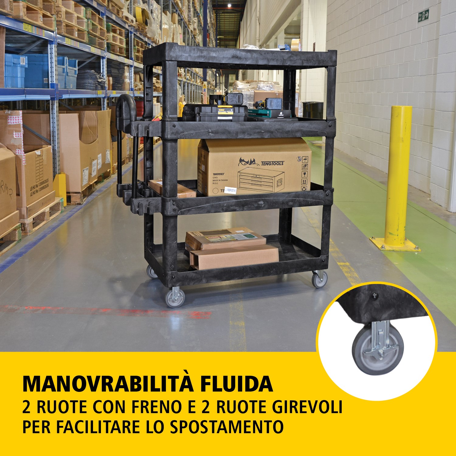 Il carrello utility BRUTE Heavy-Duty con ripiani bordati trasporta materiali e carichi pesanti in sicurezza fino a 226 kg – 340 kg (a seconda del modello), con opzioni a 2, 3 o 4 ripiani. I bordi impediscono la caduta degli oggetti e la maniglia ergonomica facilita la manovrabilità. La scanalatura a V integrata mantiene i tubi stabili durante il taglio.