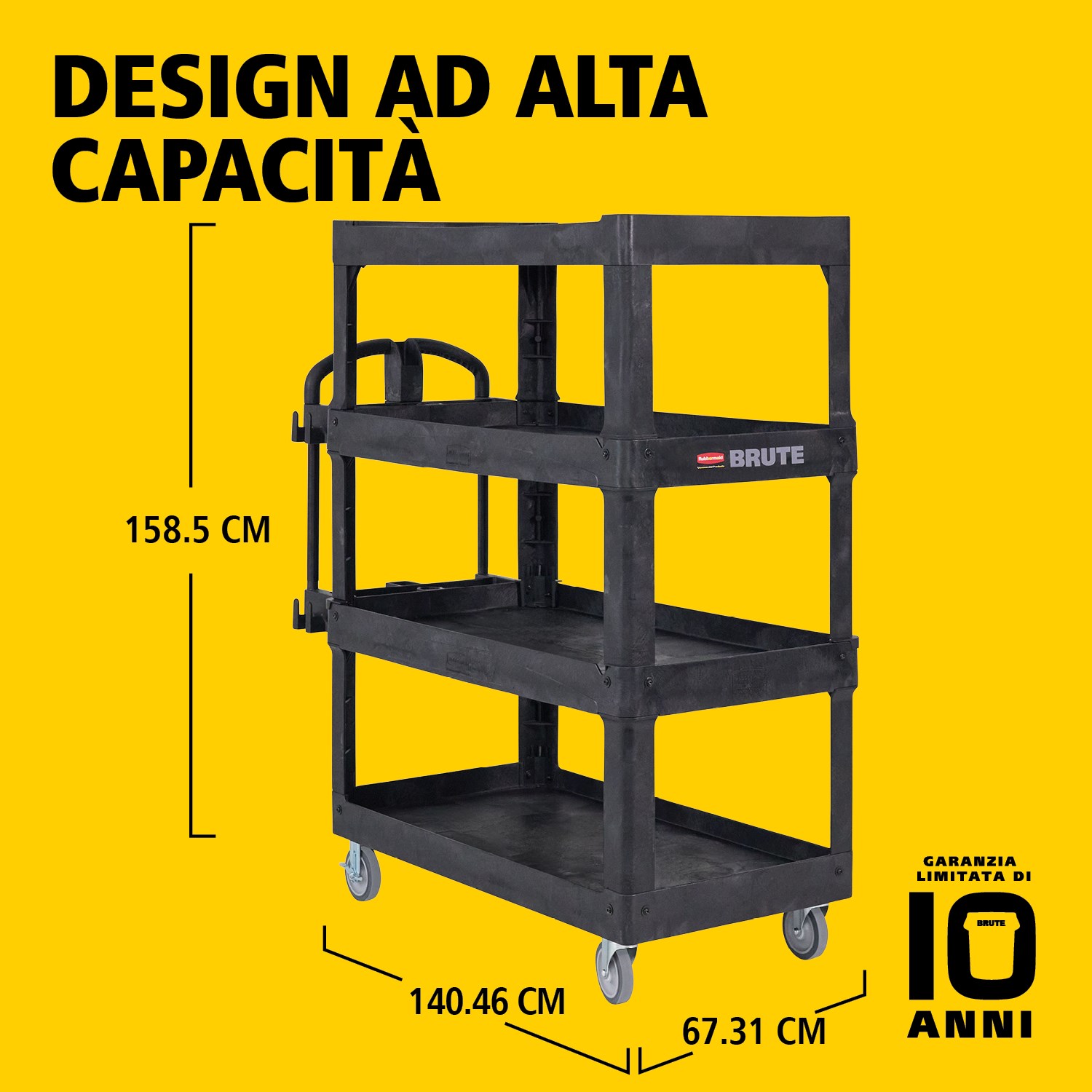 Il carrello utility BRUTE Heavy-Duty con ripiani bordati trasporta materiali e carichi pesanti in sicurezza fino a 226 kg – 340 kg (a seconda del modello), con opzioni a 2, 3 o 4 ripiani. I bordi impediscono la caduta degli oggetti e la maniglia ergonomica facilita la manovrabilità. La scanalatura a V integrata mantiene i tubi stabili durante il taglio.
