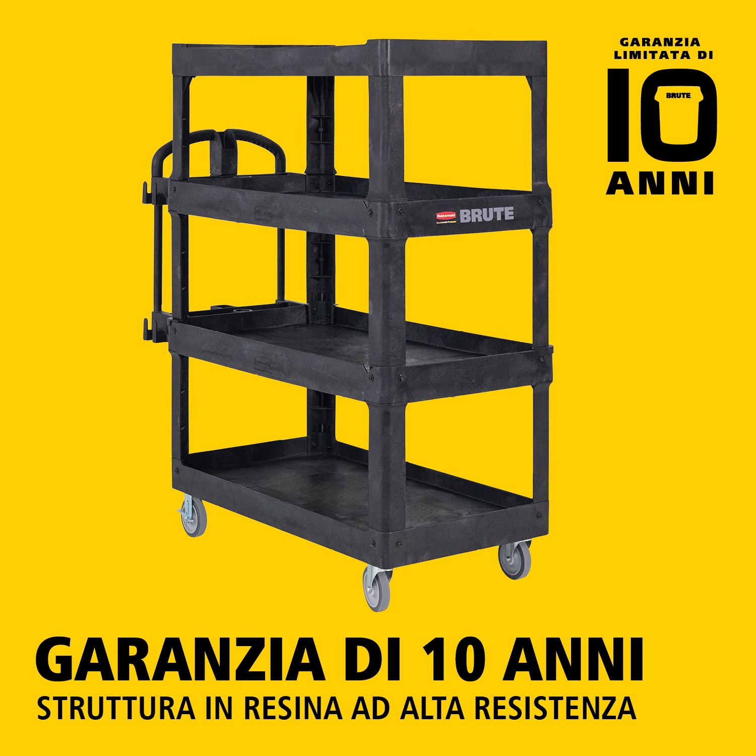 Il carrello utility BRUTE Heavy-Duty con ripiani bordati trasporta materiali e carichi pesanti in sicurezza fino a 226 kg – 340 kg (a seconda del modello), con opzioni a 2, 3 o 4 ripiani. I bordi impediscono la caduta degli oggetti e la maniglia ergonomica facilita la manovrabilità. La scanalatura a V integrata mantiene i tubi stabili durante il taglio.