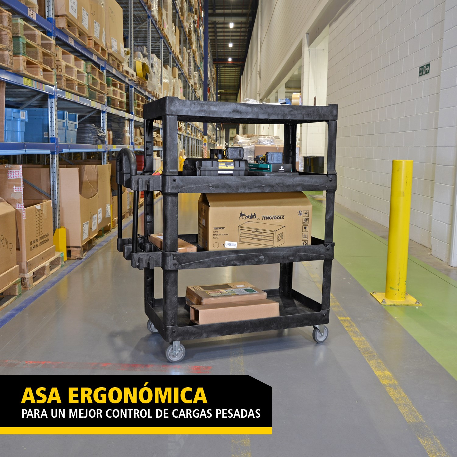 El carro utilitario BRUTE Heavy-Duty con estantes con borde transporta materiales y cargas pesadas de forma segura hasta 226 kg – 340 kg (según el modelo), con opciones de 2, 3 o 4 estantes. Los bordes evitan la caída de objetos y el mango ergonómico facilita la maniobrabilidad. La ranura en V integrada permite sujetar tuberías de forma segura durante el corte.