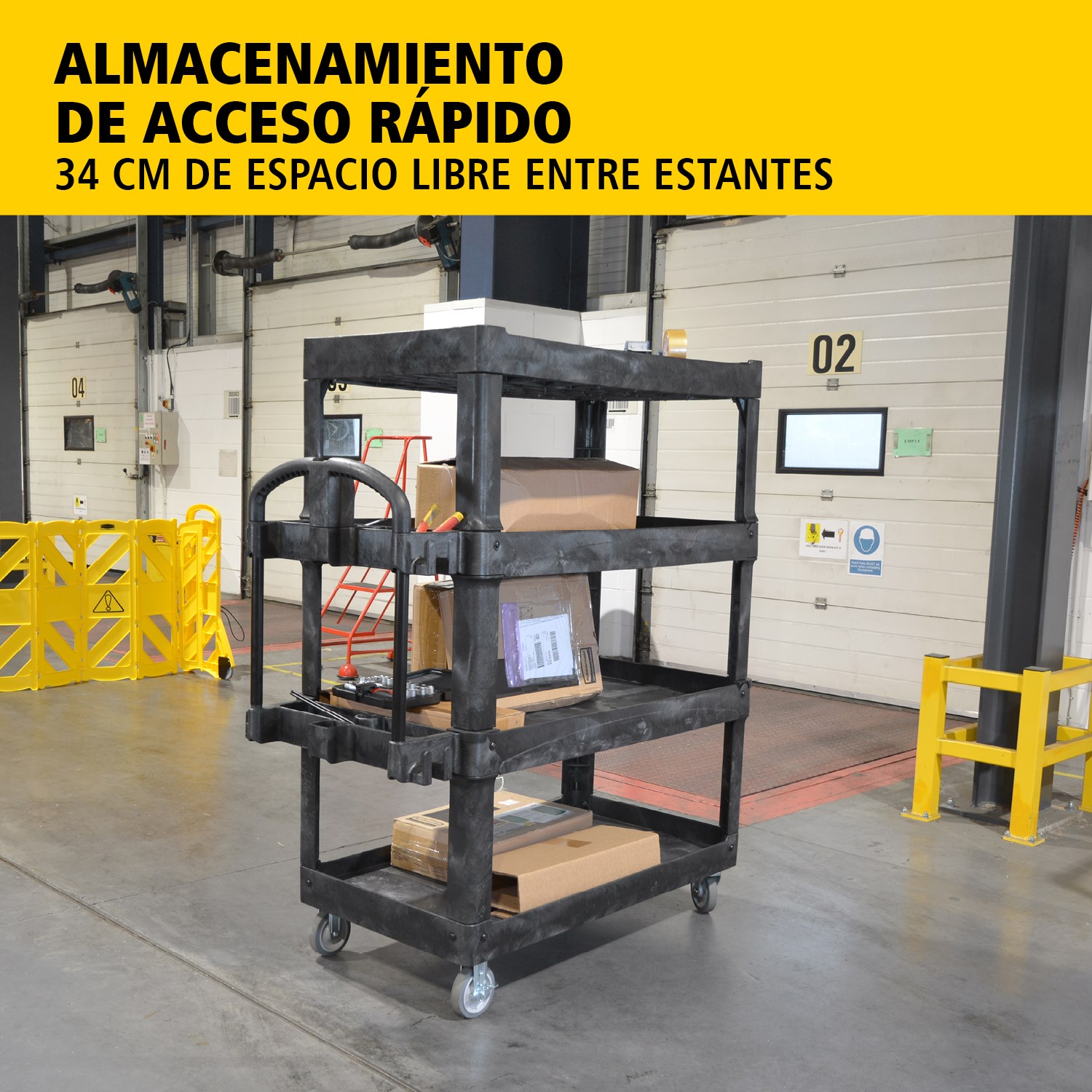 El carro utilitario BRUTE Heavy-Duty con estantes con borde transporta materiales y cargas pesadas de forma segura hasta 226 kg – 340 kg (según el modelo), con opciones de 2, 3 o 4 estantes. Los bordes evitan la caída de objetos y el mango ergonómico facilita la maniobrabilidad. La ranura en V integrada permite sujetar tuberías de forma segura durante el corte.
