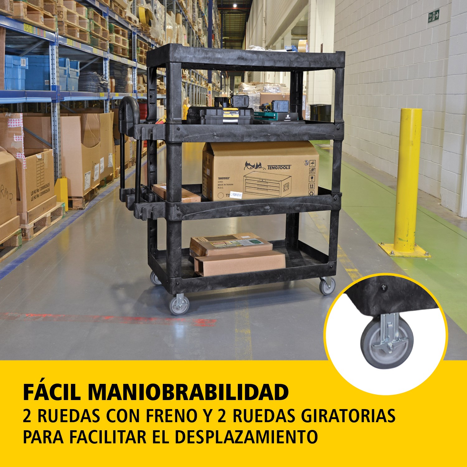 El carro utilitario BRUTE Heavy-Duty con estantes con borde transporta materiales y cargas pesadas de forma segura hasta 226 kg – 340 kg (según el modelo), con opciones de 2, 3 o 4 estantes. Los bordes evitan la caída de objetos y el mango ergonómico facilita la maniobrabilidad. La ranura en V integrada permite sujetar tuberías de forma segura durante el corte.