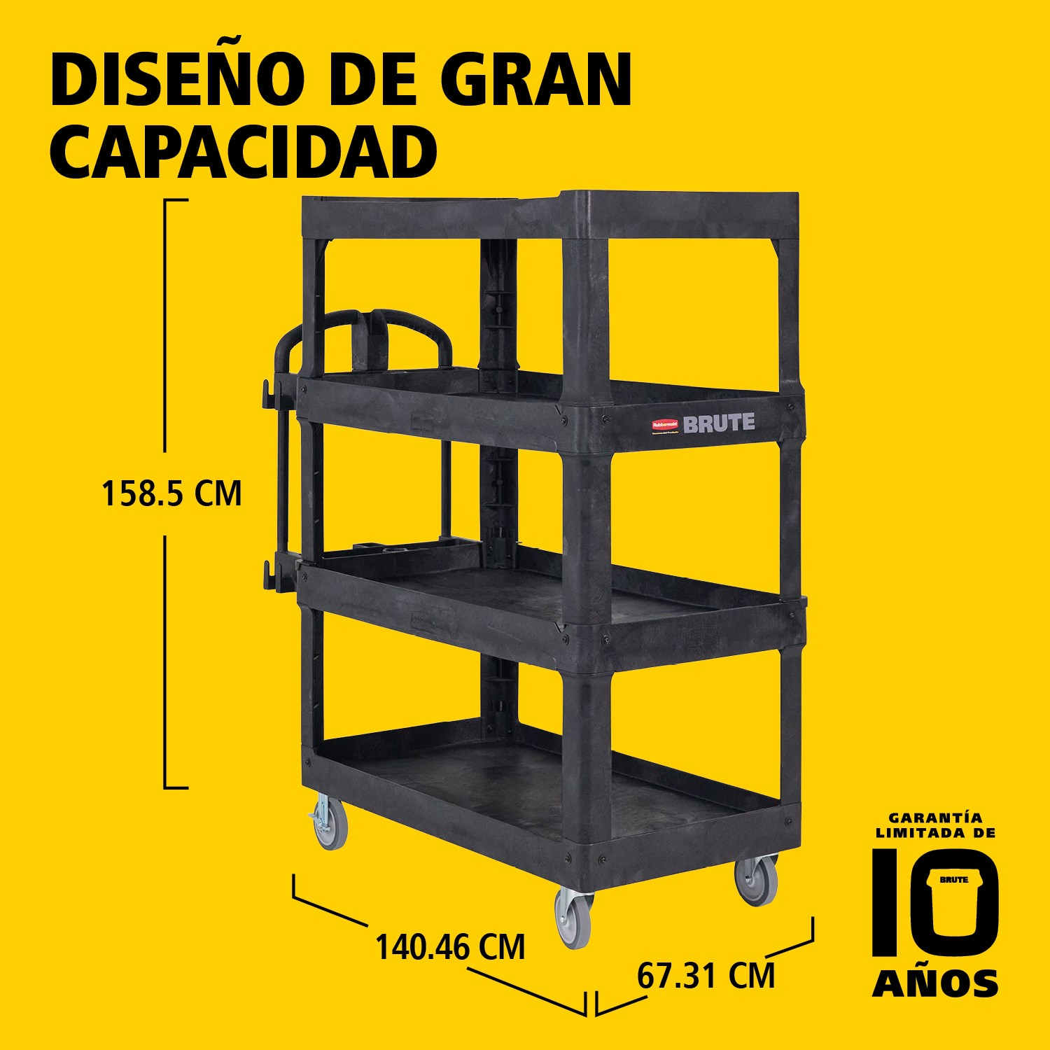 El carro utilitario BRUTE Heavy-Duty con estantes con borde transporta materiales y cargas pesadas de forma segura hasta 226 kg – 340 kg (según el modelo), con opciones de 2, 3 o 4 estantes. Los bordes evitan la caída de objetos y el mango ergonómico facilita la maniobrabilidad. La ranura en V integrada permite sujetar tuberías de forma segura durante el corte.