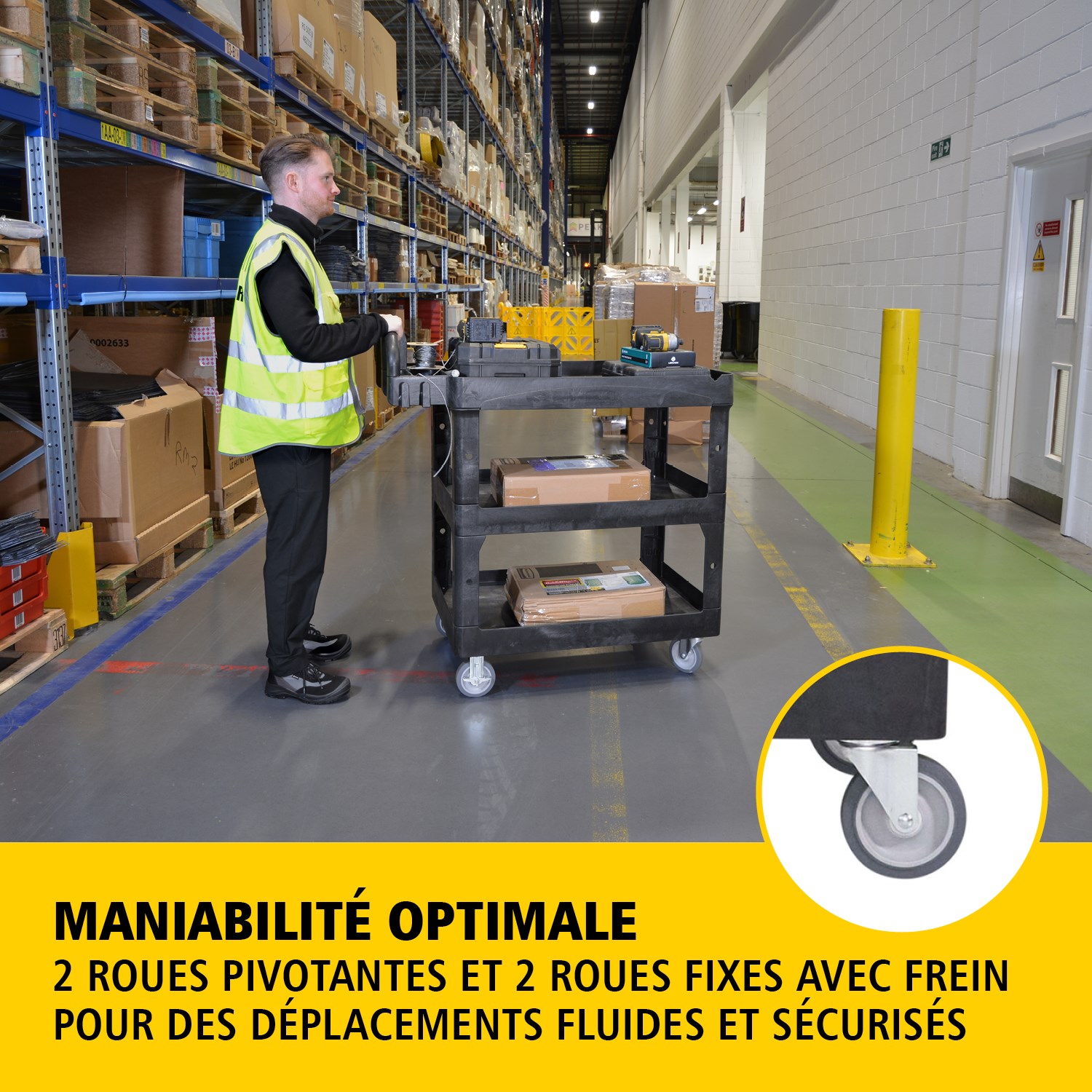 Les chariots utilitaires BRUTE Heavy-Duty avec étagères à rebords transportent en toute sécurité matériaux, fournitures et charges lourdes jusqu’à 226 kg – 340 kg (selon le modèle), avec options de 2, 3 ou 4 étagères pour une capacité accrue. Les étagères à rebords empêchent les objets de tomber et les chariots sont équipés d’une poignée ergonomique premium pour une excellente maniabilité ainsi que d’une encoche en V intégrée pour maintenir les tuyaux en toute sécurité lors de la découpe.