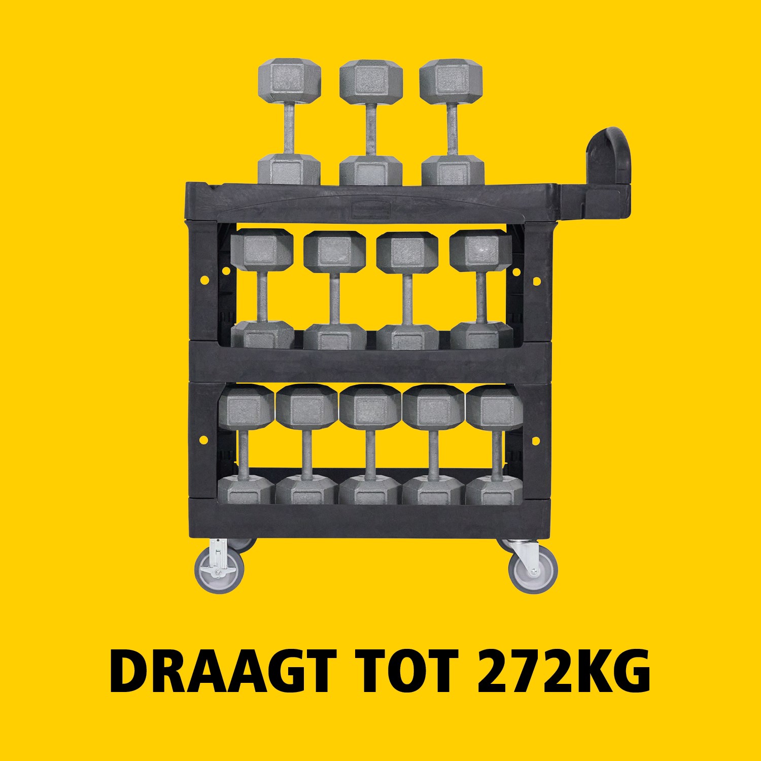 De BRUTE heavy-duty utility cart met opstaande randen transporteert materialen en zware lasten veilig tot 226 kg – 340 kg (afhankelijk van het model), met opties voor 2, 3 of 4 legplanken. De opstaande randen voorkomen dat items vallen en de ergonomische handgreep zorgt voor eenvoudige manoeuvreerbaarheid. De geïntegreerde V-groef houdt buizen veilig tijdens het snijden.