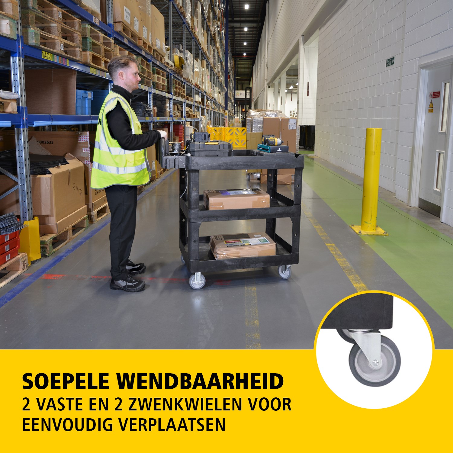 De BRUTE heavy-duty utility cart met opstaande randen transporteert materialen en zware lasten veilig tot 226 kg – 340 kg (afhankelijk van het model), met opties voor 2, 3 of 4 legplanken. De opstaande randen voorkomen dat items vallen en de ergonomische handgreep zorgt voor eenvoudige manoeuvreerbaarheid. De geïntegreerde V-groef houdt buizen veilig tijdens het snijden.
