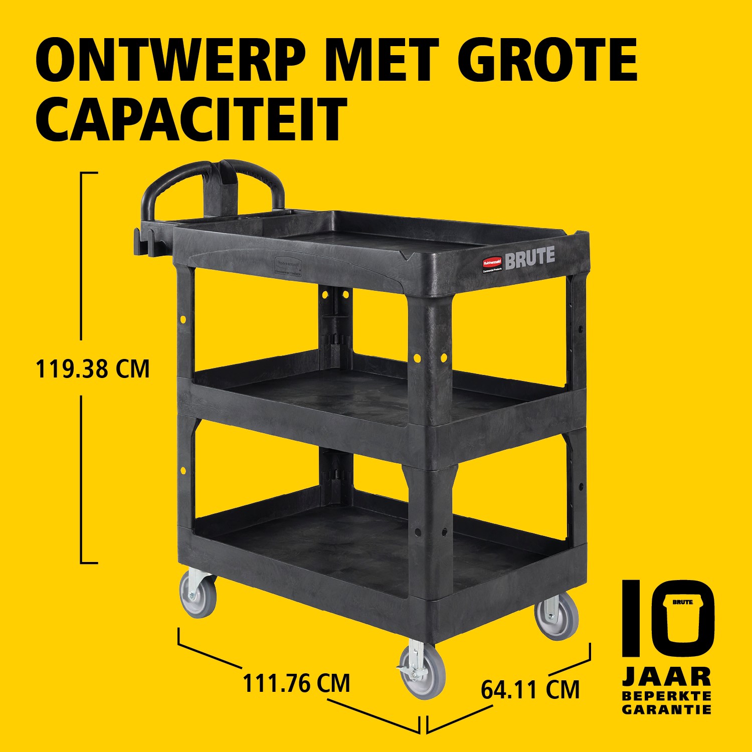 De BRUTE heavy-duty utility cart met opstaande randen transporteert materialen en zware lasten veilig tot 226 kg – 340 kg (afhankelijk van het model), met opties voor 2, 3 of 4 legplanken. De opstaande randen voorkomen dat items vallen en de ergonomische handgreep zorgt voor eenvoudige manoeuvreerbaarheid. De geïntegreerde V-groef houdt buizen veilig tijdens het snijden.