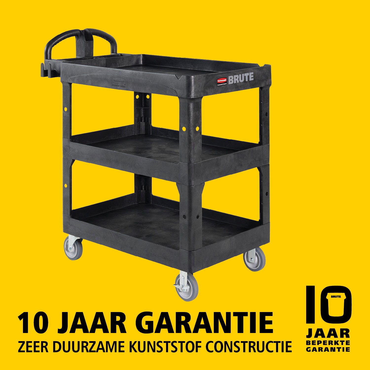 De BRUTE heavy-duty utility cart met opstaande randen transporteert materialen en zware lasten veilig tot 226 kg – 340 kg (afhankelijk van het model), met opties voor 2, 3 of 4 legplanken. De opstaande randen voorkomen dat items vallen en de ergonomische handgreep zorgt voor eenvoudige manoeuvreerbaarheid. De geïntegreerde V-groef houdt buizen veilig tijdens het snijden.