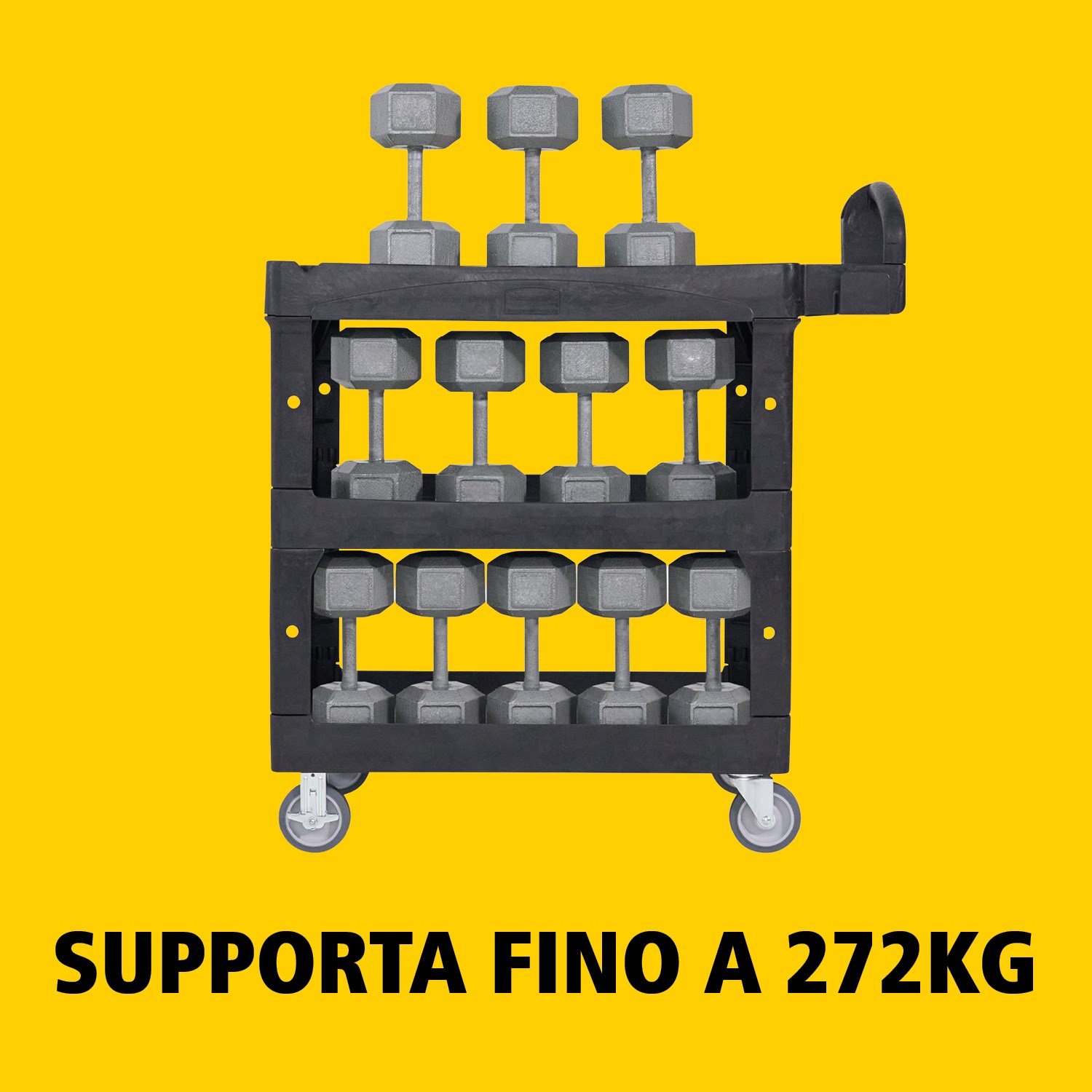 Il carrello utility BRUTE Heavy-Duty con ripiani bordati trasporta materiali e carichi pesanti in sicurezza fino a 226 kg – 340 kg (a seconda del modello), con opzioni a 2, 3 o 4 ripiani. I bordi impediscono la caduta degli oggetti e la maniglia ergonomica facilita la manovrabilità. La scanalatura a V integrata mantiene i tubi stabili durante il taglio.