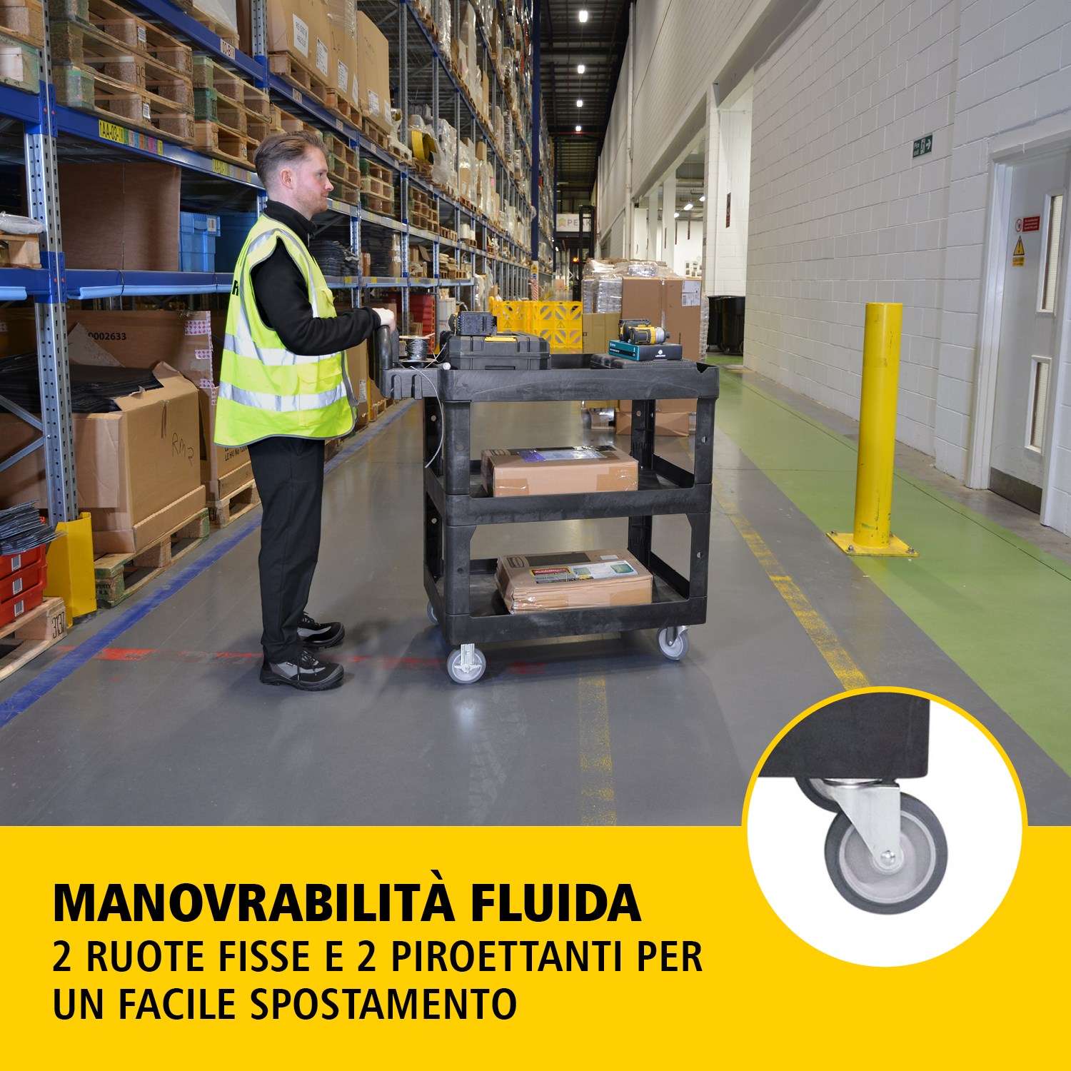 Il carrello utility BRUTE Heavy-Duty con ripiani bordati trasporta materiali e carichi pesanti in sicurezza fino a 226 kg – 340 kg (a seconda del modello), con opzioni a 2, 3 o 4 ripiani. I bordi impediscono la caduta degli oggetti e la maniglia ergonomica facilita la manovrabilità. La scanalatura a V integrata mantiene i tubi stabili durante il taglio.