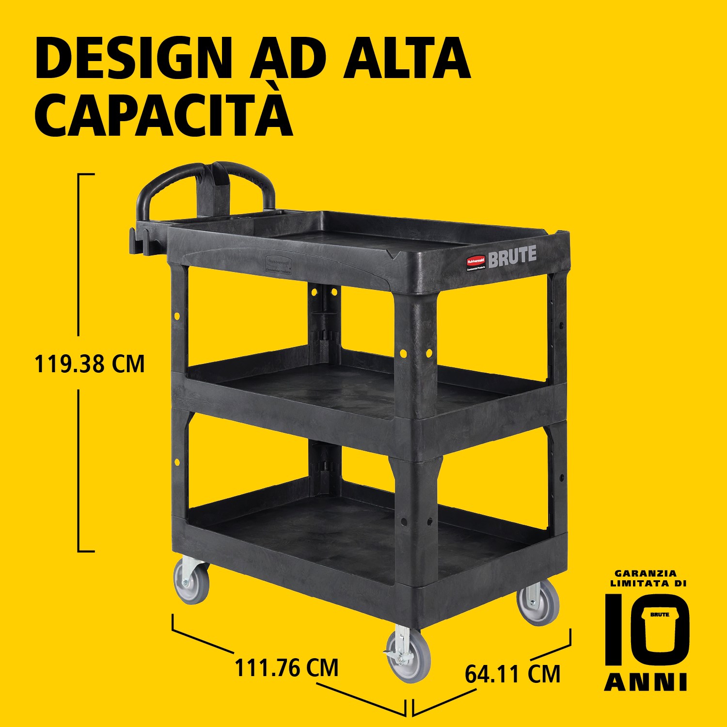 Il carrello utility BRUTE Heavy-Duty con ripiani bordati trasporta materiali e carichi pesanti in sicurezza fino a 226 kg – 340 kg (a seconda del modello), con opzioni a 2, 3 o 4 ripiani. I bordi impediscono la caduta degli oggetti e la maniglia ergonomica facilita la manovrabilità. La scanalatura a V integrata mantiene i tubi stabili durante il taglio.