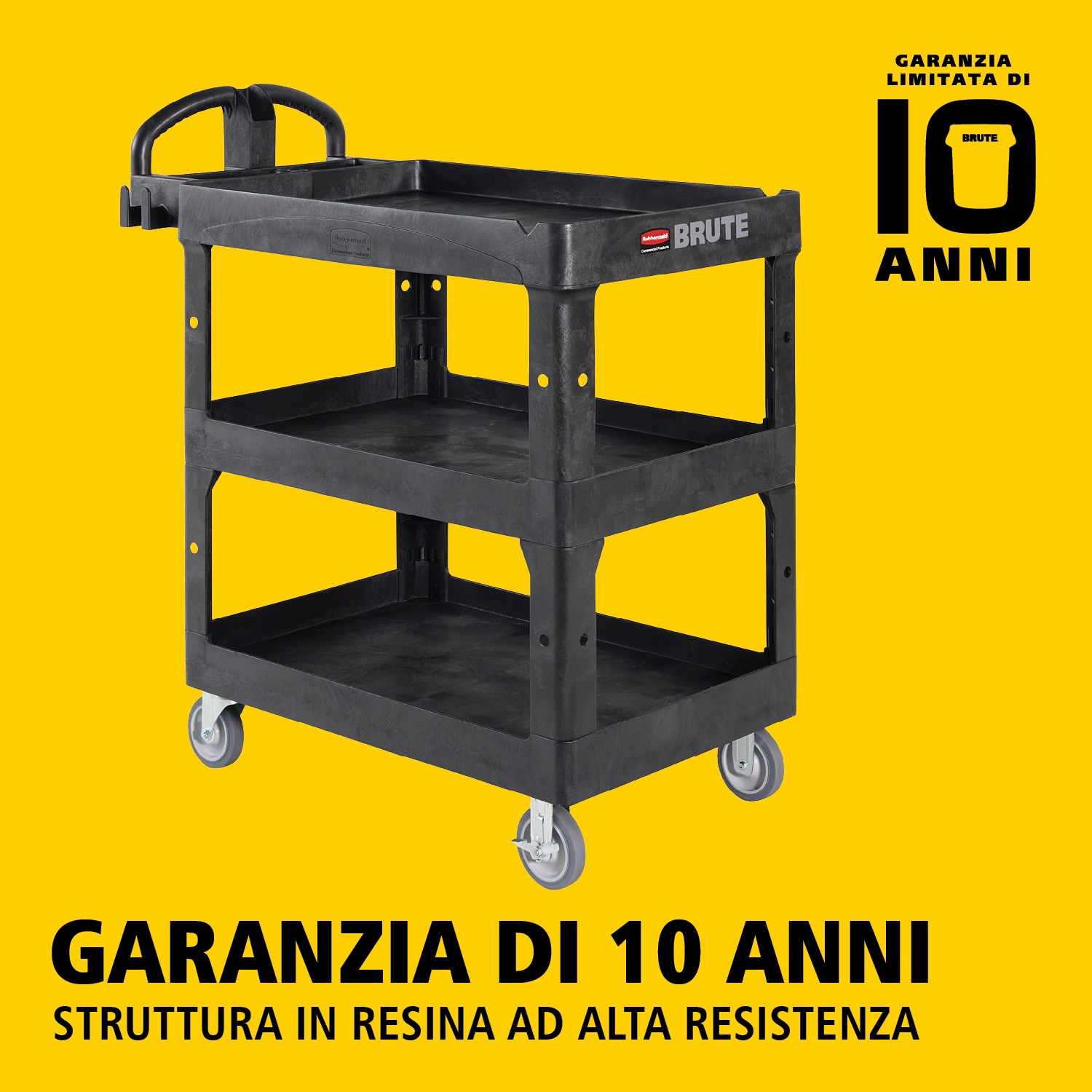 Il carrello utility BRUTE Heavy-Duty con ripiani bordati trasporta materiali e carichi pesanti in sicurezza fino a 226 kg – 340 kg (a seconda del modello), con opzioni a 2, 3 o 4 ripiani. I bordi impediscono la caduta degli oggetti e la maniglia ergonomica facilita la manovrabilità. La scanalatura a V integrata mantiene i tubi stabili durante il taglio.
