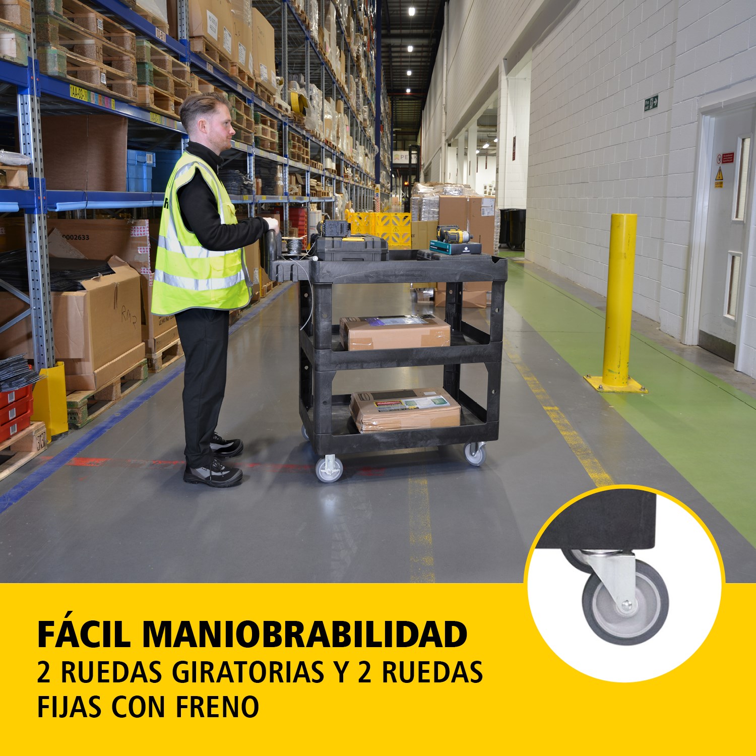 El carro utilitario BRUTE Heavy-Duty con estantes con borde transporta materiales y cargas pesadas de forma segura hasta 226 kg – 340 kg (según el modelo), con opciones de 2, 3 o 4 estantes. Los bordes evitan la caída de objetos y el mango ergonómico facilita la maniobrabilidad. La ranura en V integrada permite sujetar tuberías de forma segura durante el corte.