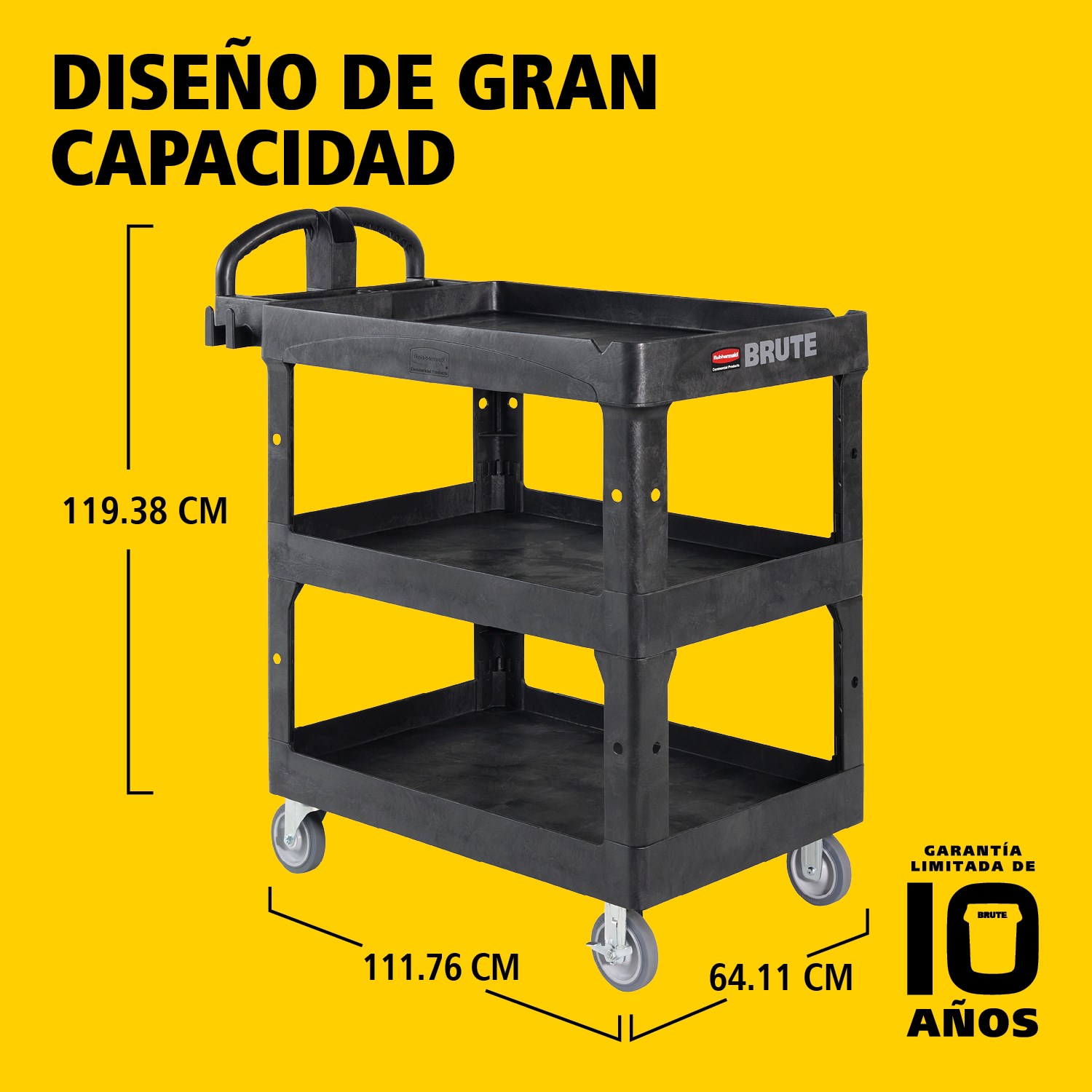 El carro utilitario BRUTE Heavy-Duty con estantes con borde transporta materiales y cargas pesadas de forma segura hasta 226 kg – 340 kg (según el modelo), con opciones de 2, 3 o 4 estantes. Los bordes evitan la caída de objetos y el mango ergonómico facilita la maniobrabilidad. La ranura en V integrada permite sujetar tuberías de forma segura durante el corte.