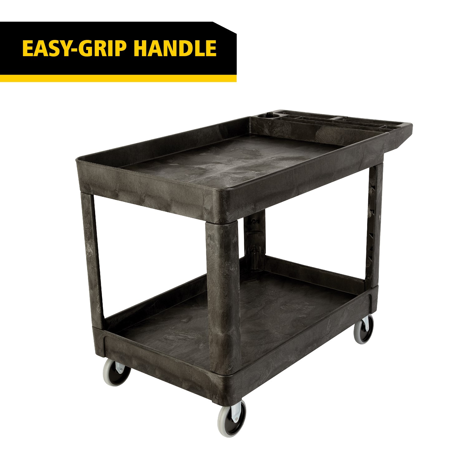 Heavy-Duty Utility Cart with Lipped Shelf transports materials, supplies, and heavy loads securely with up to 226Kg load capacity. The lipped shelves prevents items from falling off the cart.