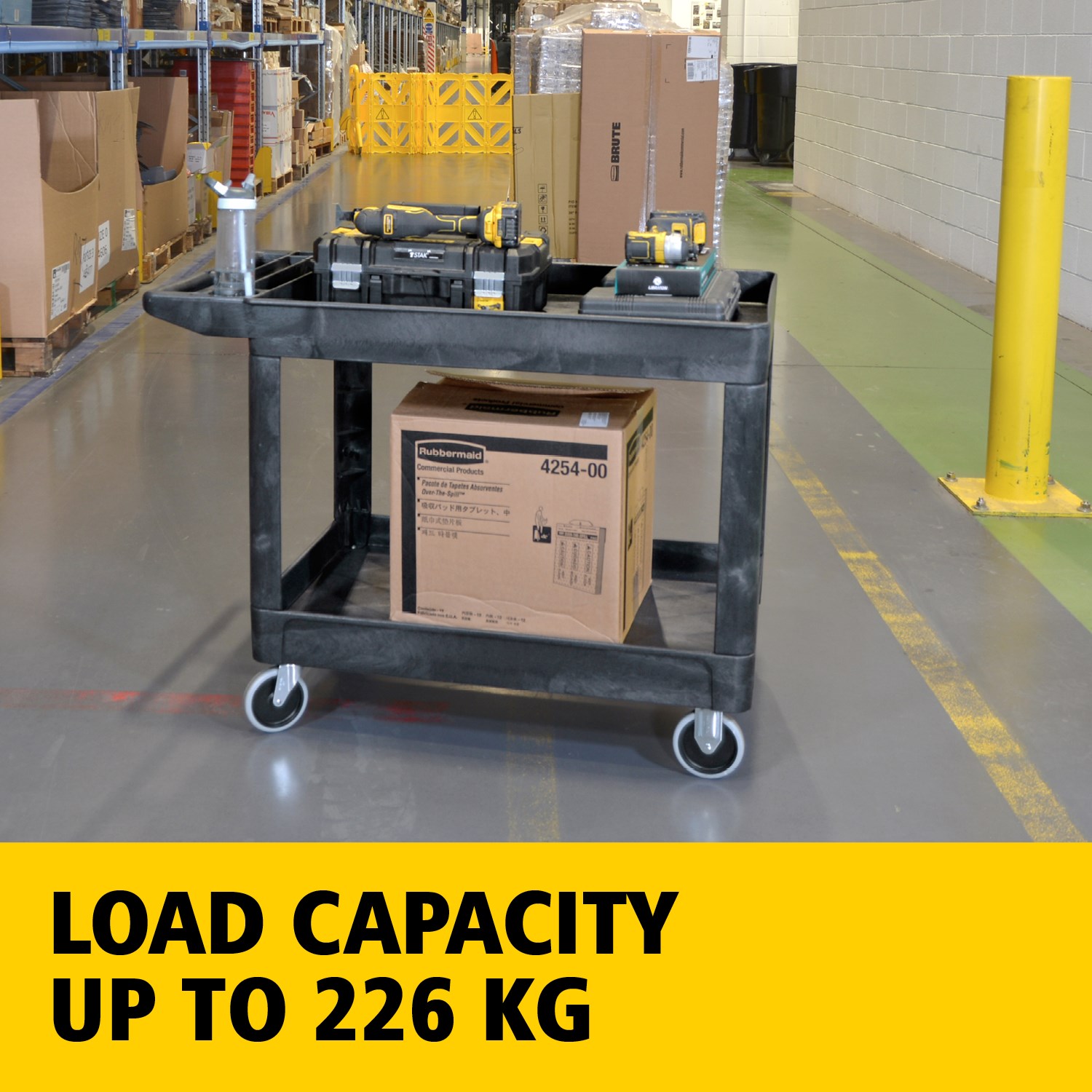 Heavy-Duty Utility Cart with Lipped Shelf transports materials, supplies, and heavy loads securely with up to 226Kg load capacity. The lipped shelves prevents items from falling off the cart.
