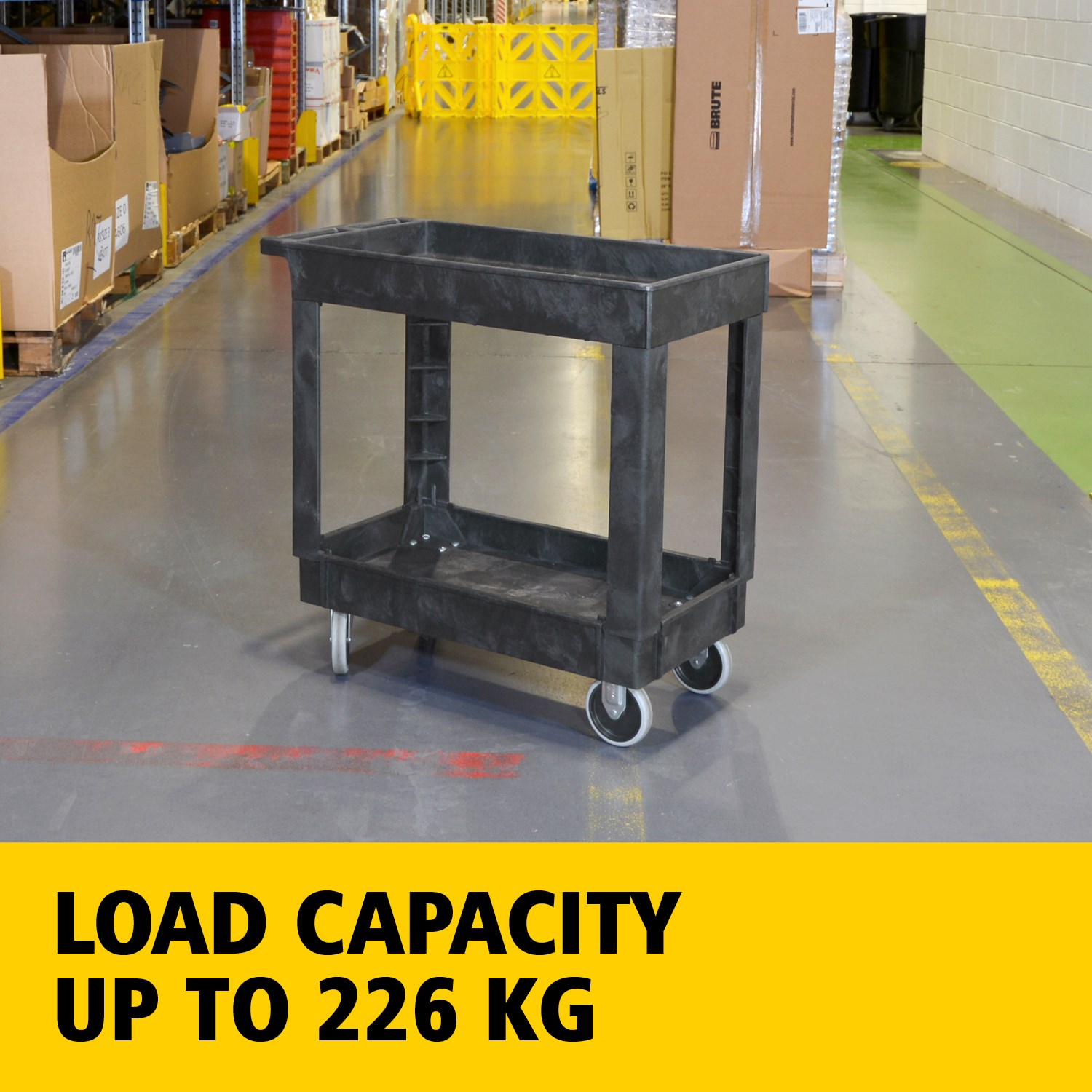 Heavy-Duty Small Utility Cart with Lipped Shelf transports materials, supplies, and heavy loads securely with up to 226Kg load capacity. The lipped shelves prevents items from falling off the cart.