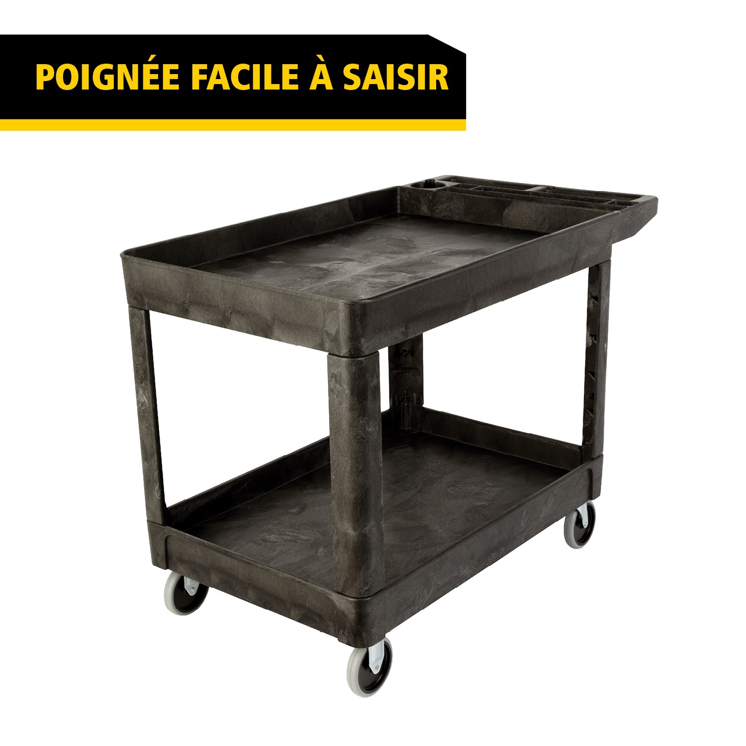 Les chariots utilitaires Heavy-Duty avec étagères à rebords transportent en toute sécurité matériaux, fournitures et charges lourdes jusqu’à 226 kg. Les étagères à rebords empêchent les objets de tomber des chariots.