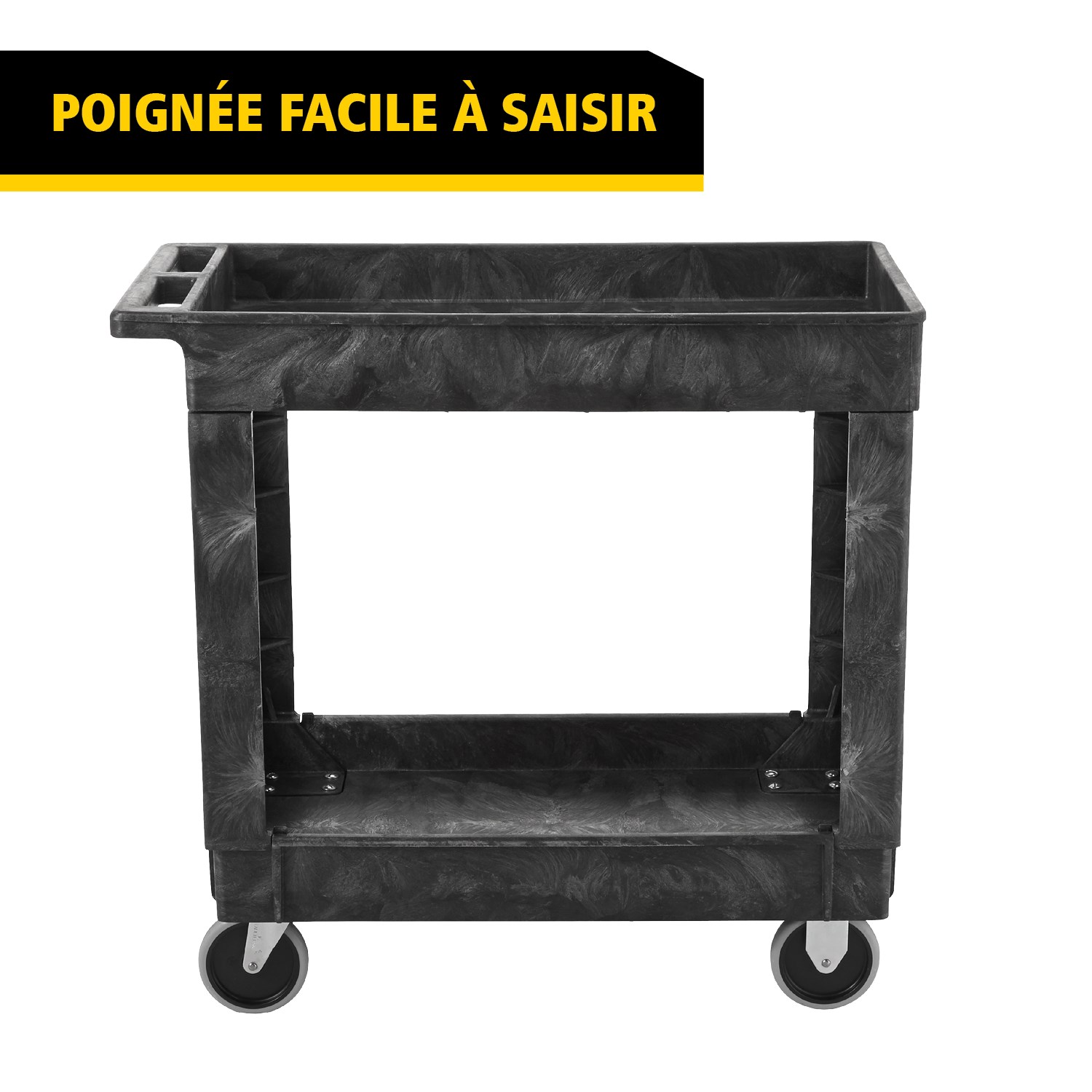 Les chariots utilitaires Heavy-Duty avec étagères à rebords transportent en toute sécurité matériaux, fournitures et charges lourdes jusqu’à 226 kg. Les étagères à rebords empêchent les objets de tomber des chariots.