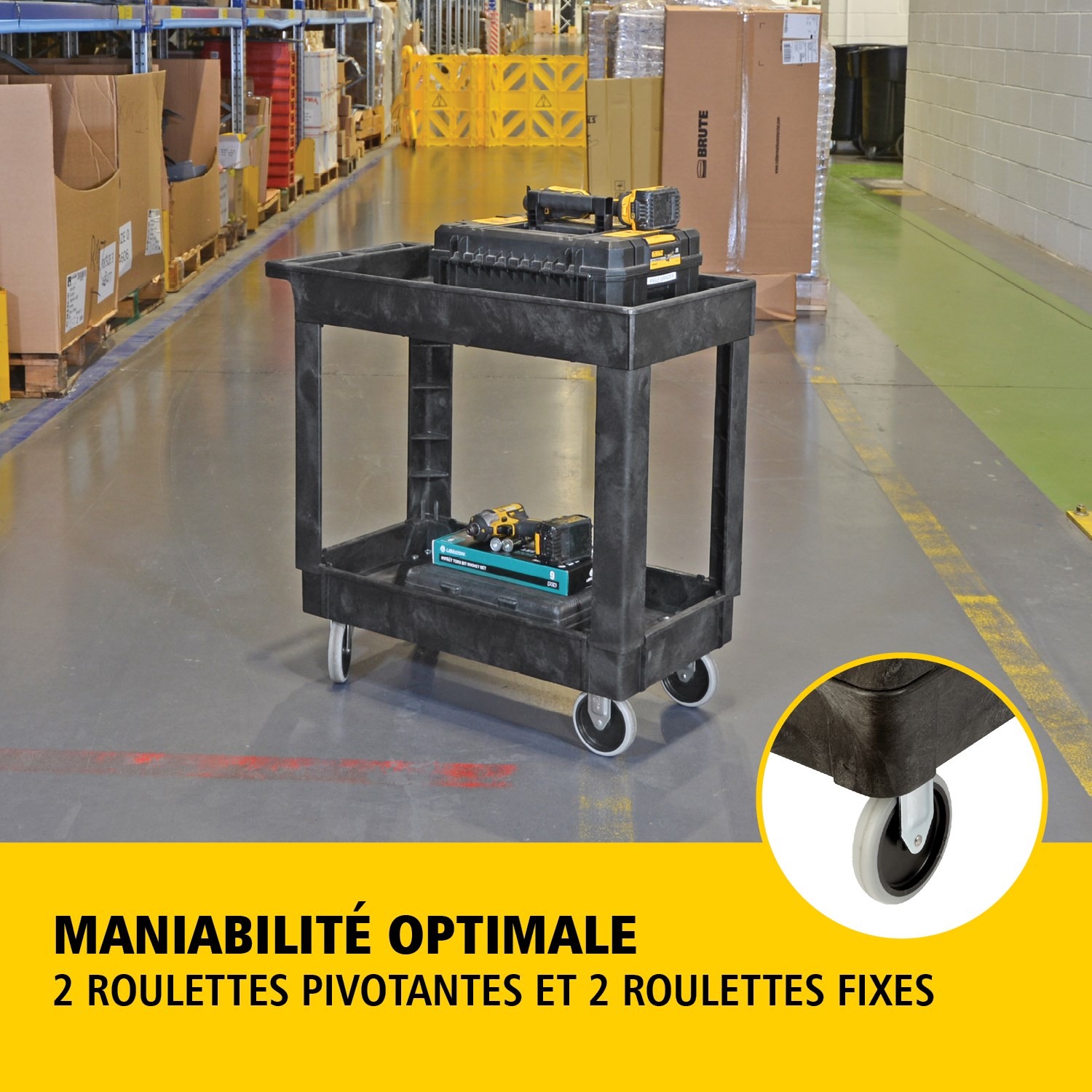 Les chariots utilitaires Heavy-Duty avec étagères à rebords transportent en toute sécurité matériaux, fournitures et charges lourdes jusqu’à 226 kg. Les étagères à rebords empêchent les objets de tomber des chariots.