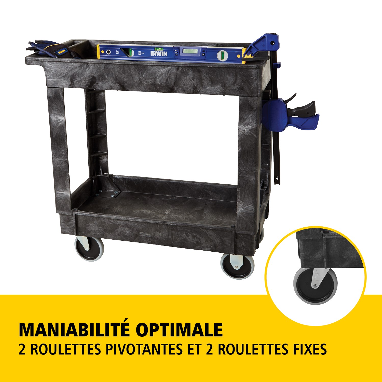 Les chariots utilitaires Heavy-Duty avec étagères à rebords transportent en toute sécurité matériaux, fournitures et charges lourdes jusqu’à 226 kg. Les étagères à rebords empêchent les objets de tomber des chariots.