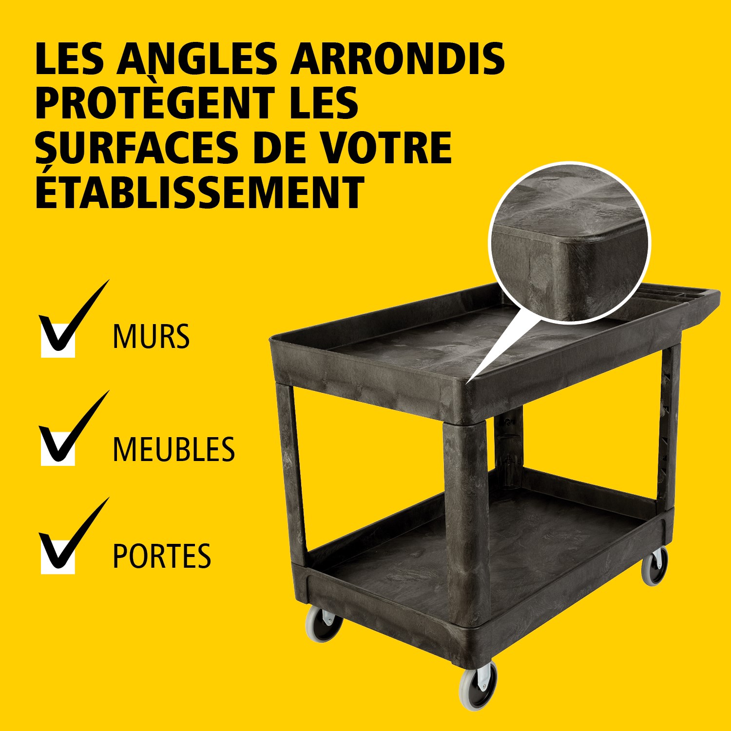 Les chariots utilitaires Heavy-Duty avec étagères à rebords transportent en toute sécurité matériaux, fournitures et charges lourdes jusqu’à 226 kg. Les étagères à rebords empêchent les objets de tomber des chariots.
