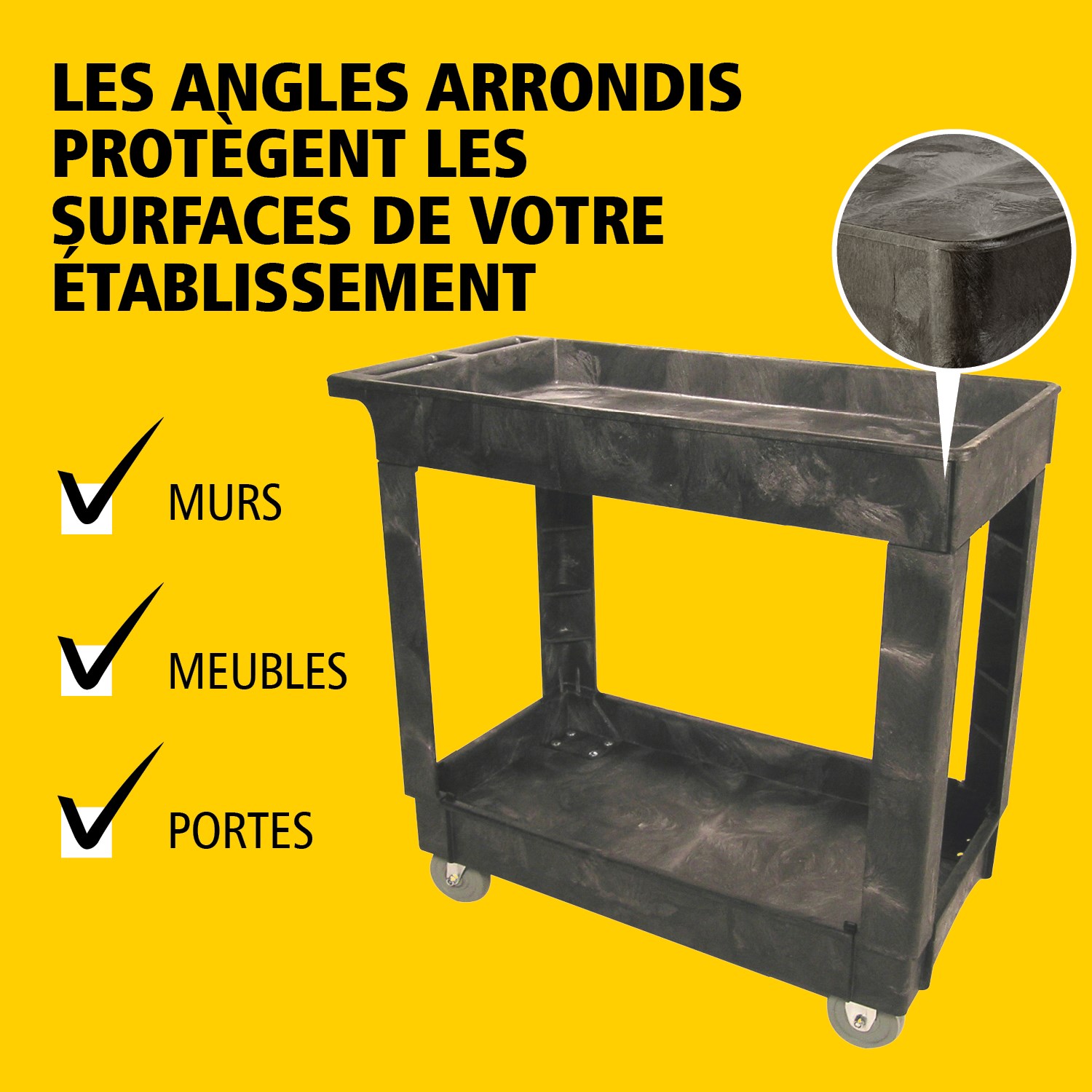 Les chariots utilitaires Heavy-Duty avec étagères à rebords transportent en toute sécurité matériaux, fournitures et charges lourdes jusqu’à 226 kg. Les étagères à rebords empêchent les objets de tomber des chariots.