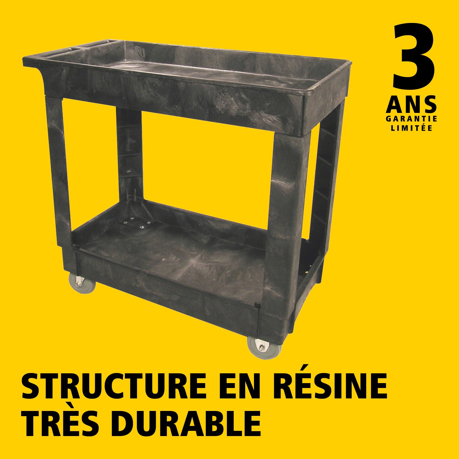 Les chariots utilitaires Heavy-Duty avec étagères à rebords transportent en toute sécurité matériaux, fournitures et charges lourdes jusqu’à 226 kg. Les étagères à rebords empêchent les objets de tomber des chariots.