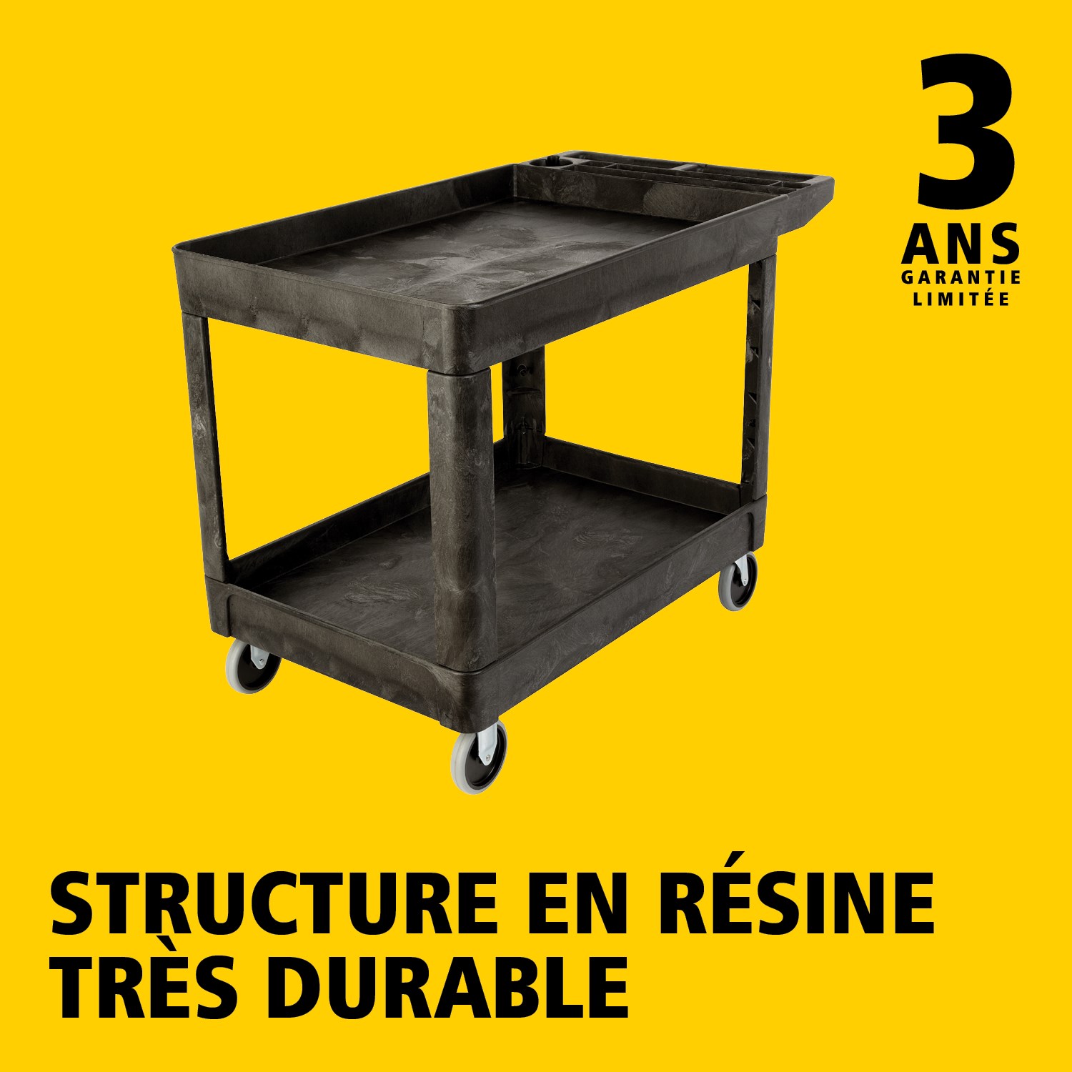 Les chariots utilitaires Heavy-Duty avec étagères à rebords transportent en toute sécurité matériaux, fournitures et charges lourdes jusqu’à 226 kg. Les étagères à rebords empêchent les objets de tomber des chariots.