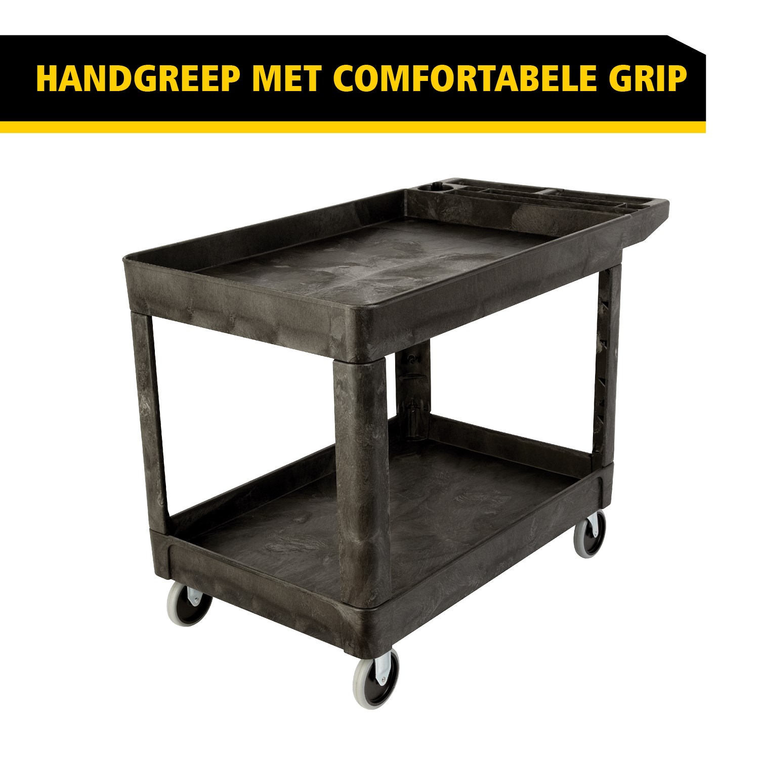 De heavy-duty utility cart met opstaande randen transporteert materialen en zware lasten veilig tot 226 kg. De opstaande randen voorkomen dat items van de wagen vallen.