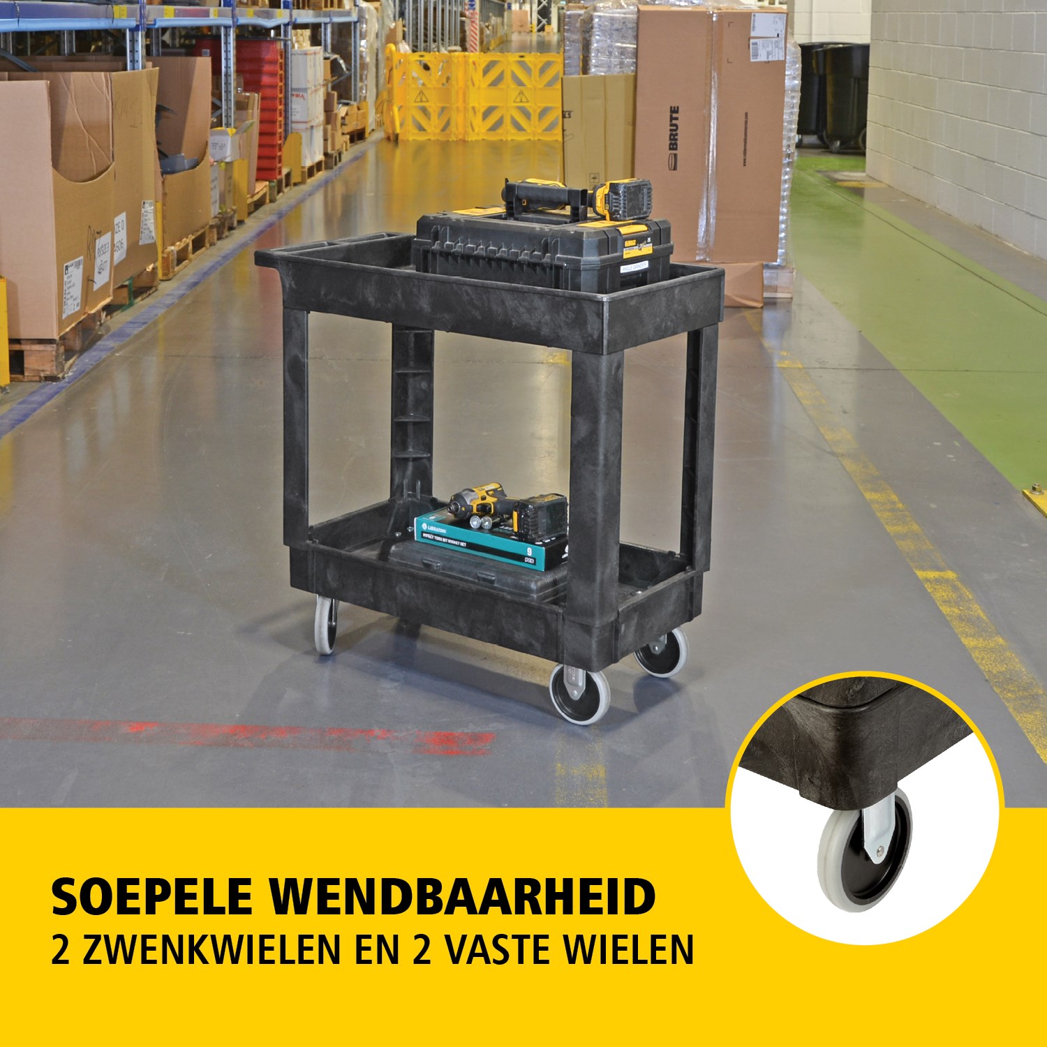 De heavy-duty utility cart met opstaande randen transporteert materialen en zware lasten veilig tot 226 kg. De opstaande randen voorkomen dat items van de wagen vallen.