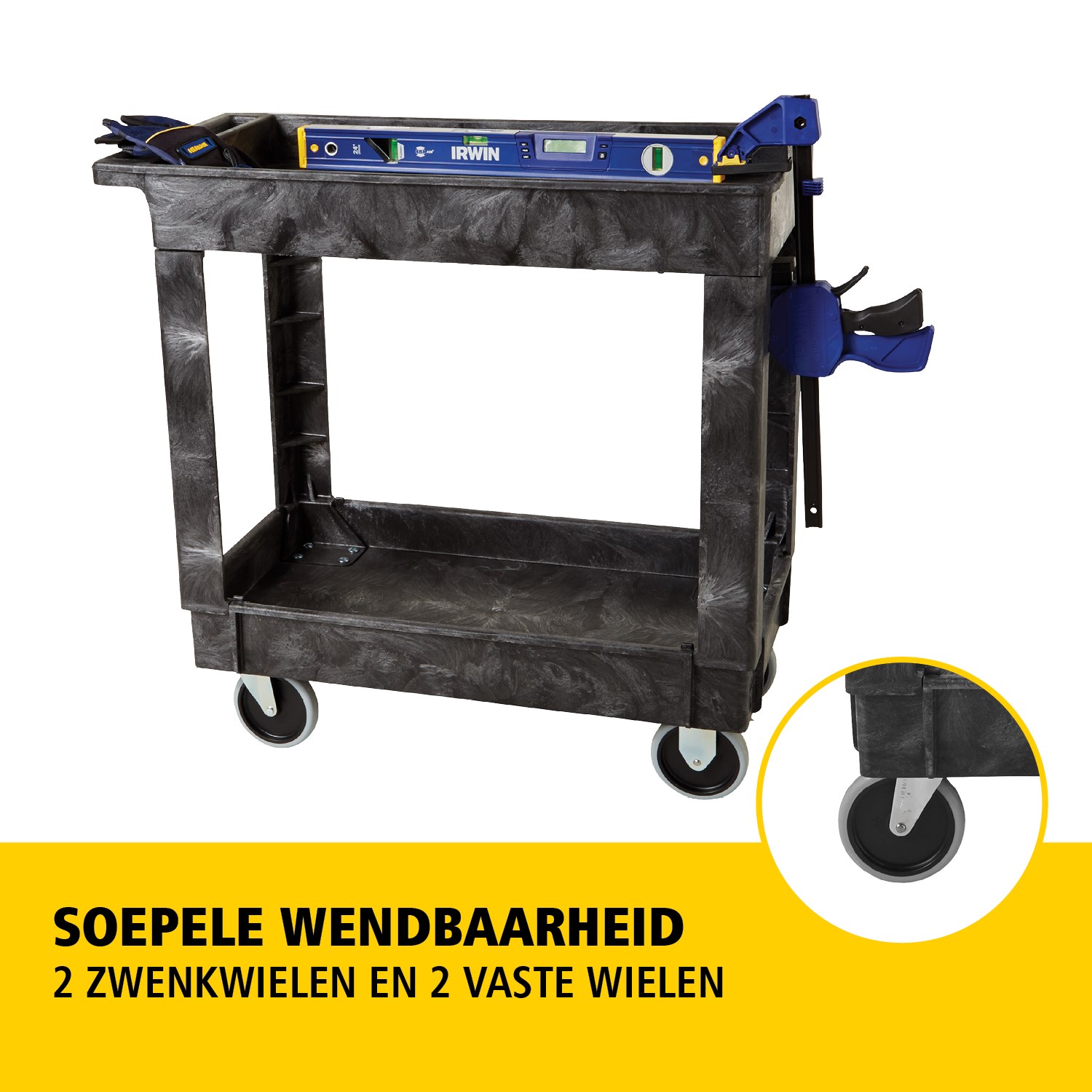 De heavy-duty utility cart met opstaande randen transporteert materialen en zware lasten veilig tot 226 kg. De opstaande randen voorkomen dat items van de wagen vallen.