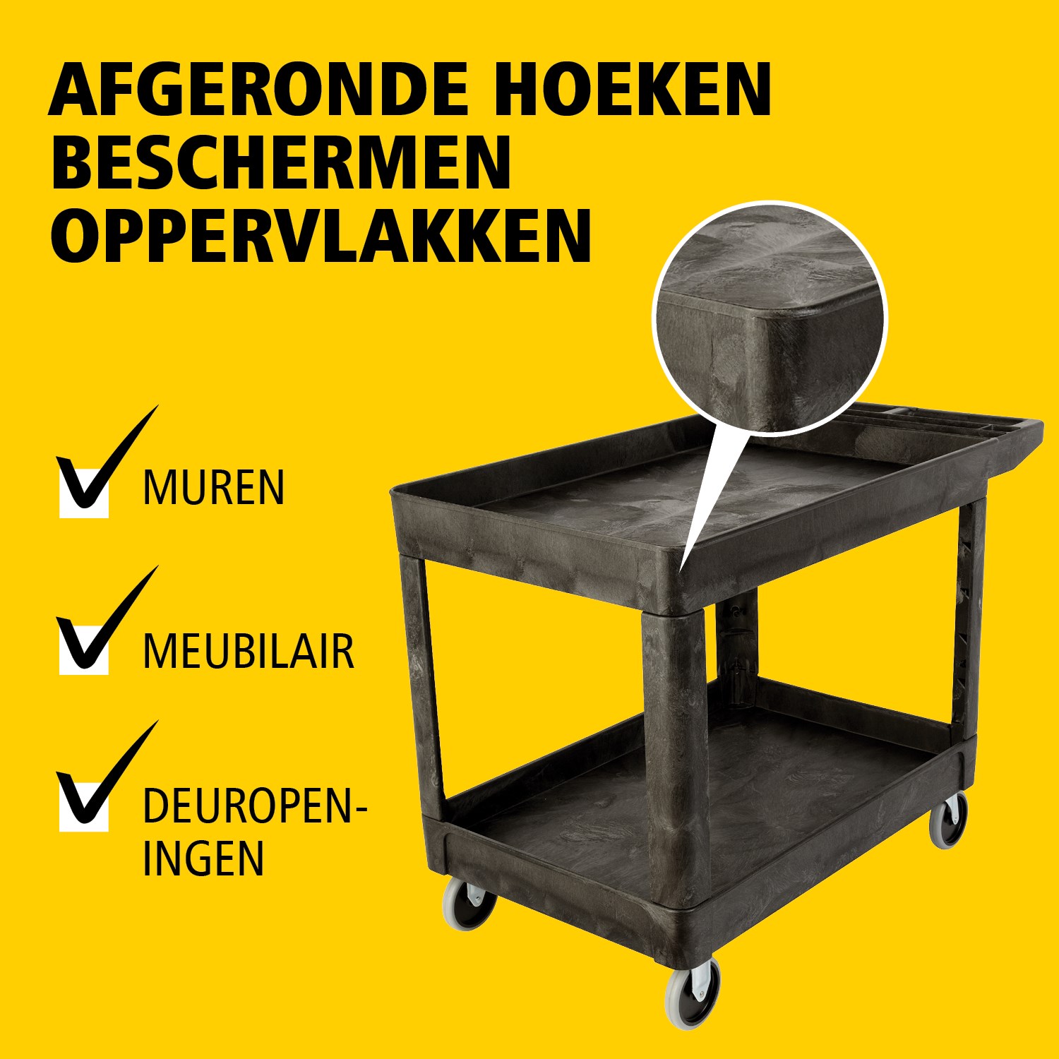 De heavy-duty utility cart met opstaande randen transporteert materialen en zware lasten veilig tot 226 kg. De opstaande randen voorkomen dat items van de wagen vallen.