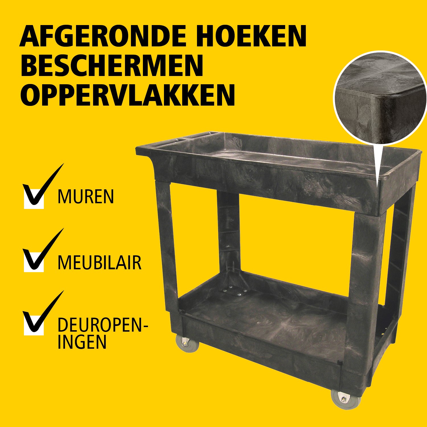 De heavy-duty utility cart met opstaande randen transporteert materialen en zware lasten veilig tot 226 kg. De opstaande randen voorkomen dat items van de wagen vallen.