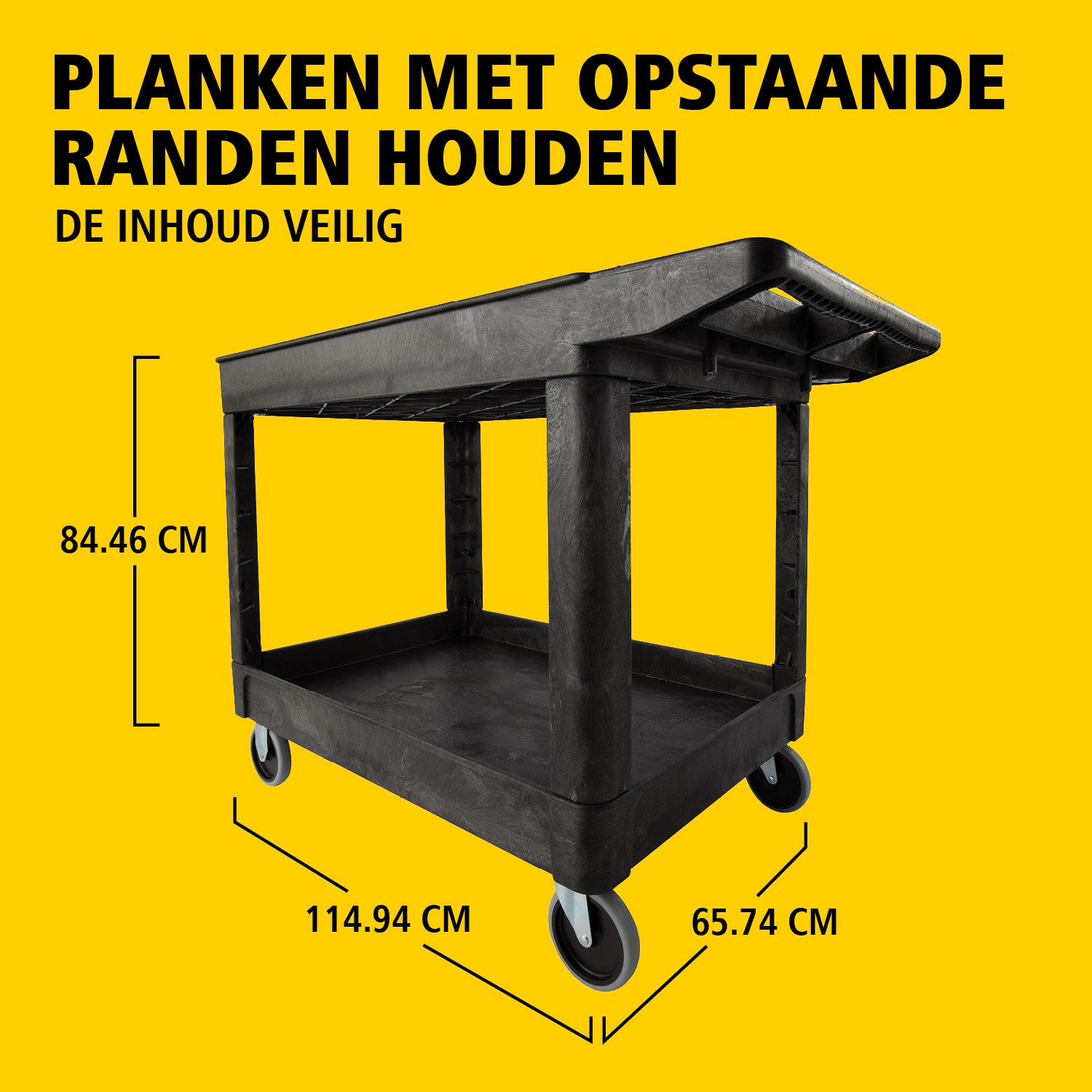De heavy-duty utility cart met opstaande randen transporteert materialen en zware lasten veilig tot 226 kg. De opstaande randen voorkomen dat items van de wagen vallen.