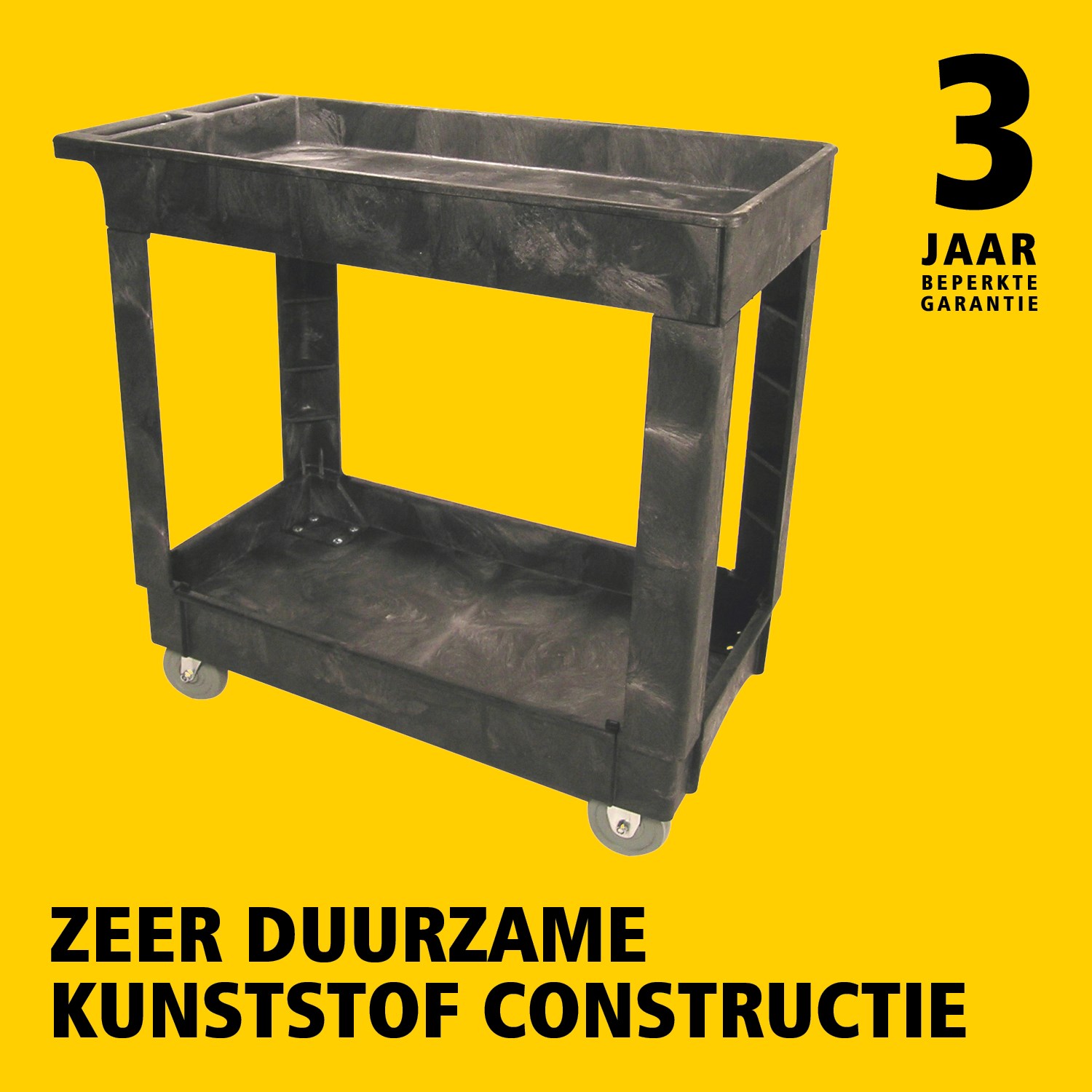De heavy-duty utility cart met opstaande randen transporteert materialen en zware lasten veilig tot 226 kg. De opstaande randen voorkomen dat items van de wagen vallen.