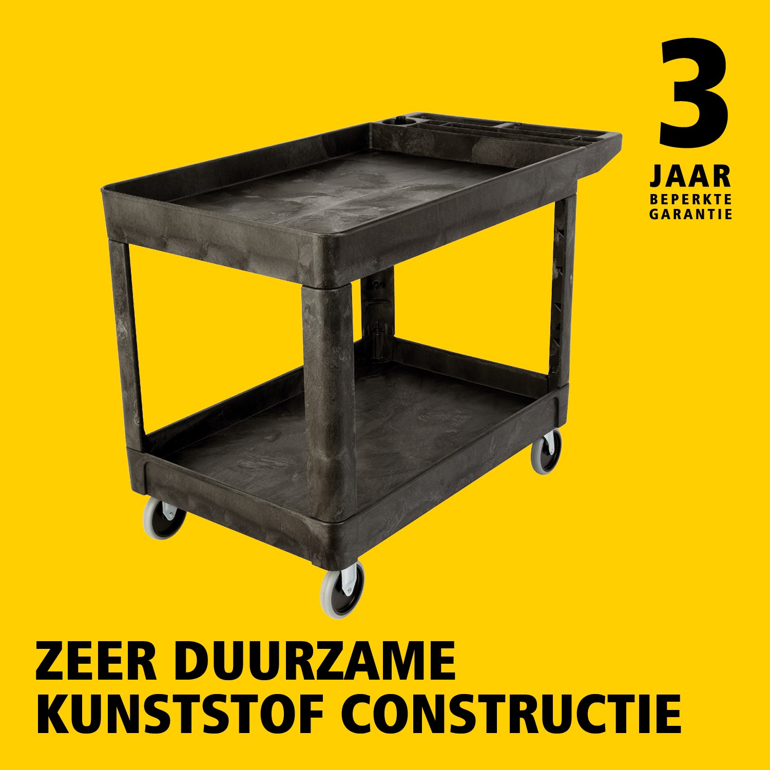 De heavy-duty utility cart met opstaande randen transporteert materialen en zware lasten veilig tot 226 kg. De opstaande randen voorkomen dat items van de wagen vallen.