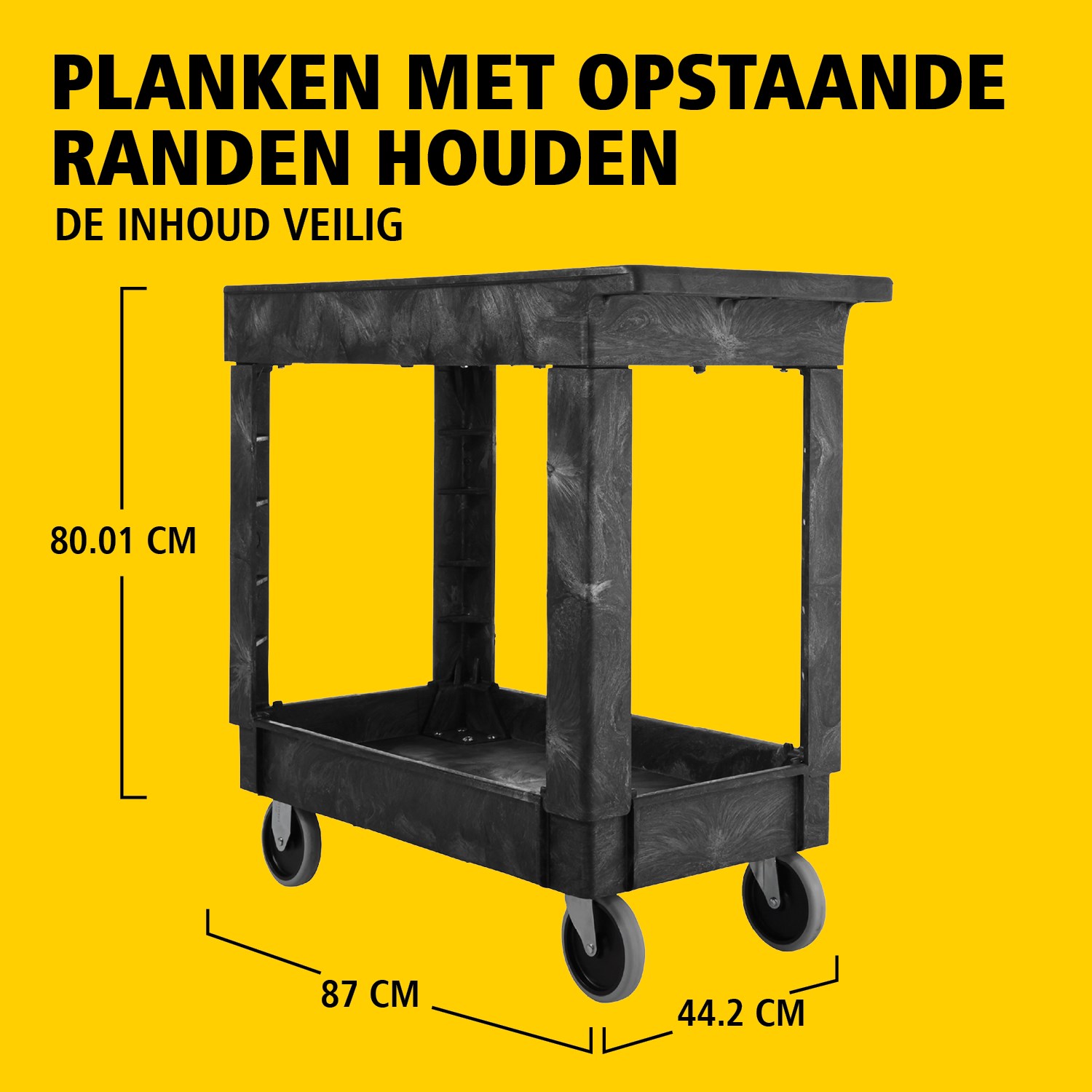 De heavy-duty utility cart met opstaande randen transporteert materialen en zware lasten veilig tot 226 kg. De opstaande randen voorkomen dat items van de wagen vallen.