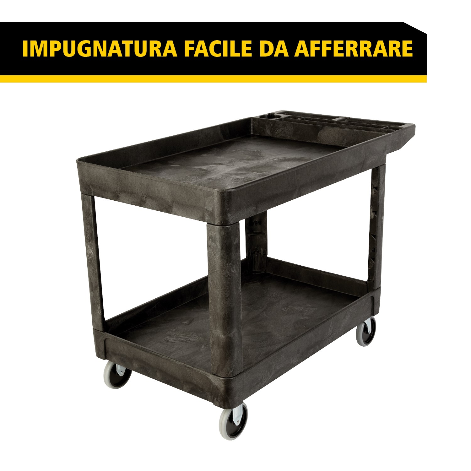 Il carrello utility Heavy-Duty con ripiani bordati trasporta materiali e carichi pesanti in sicurezza fino a 226 kg. I bordi impediscono la caduta degli oggetti.