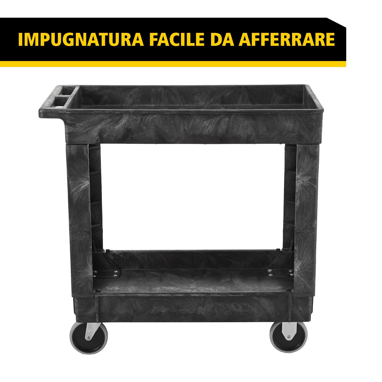 Il carrello utility Heavy-Duty con ripiani bordati trasporta materiali e carichi pesanti in sicurezza fino a 226 kg. I bordi impediscono la caduta degli oggetti.