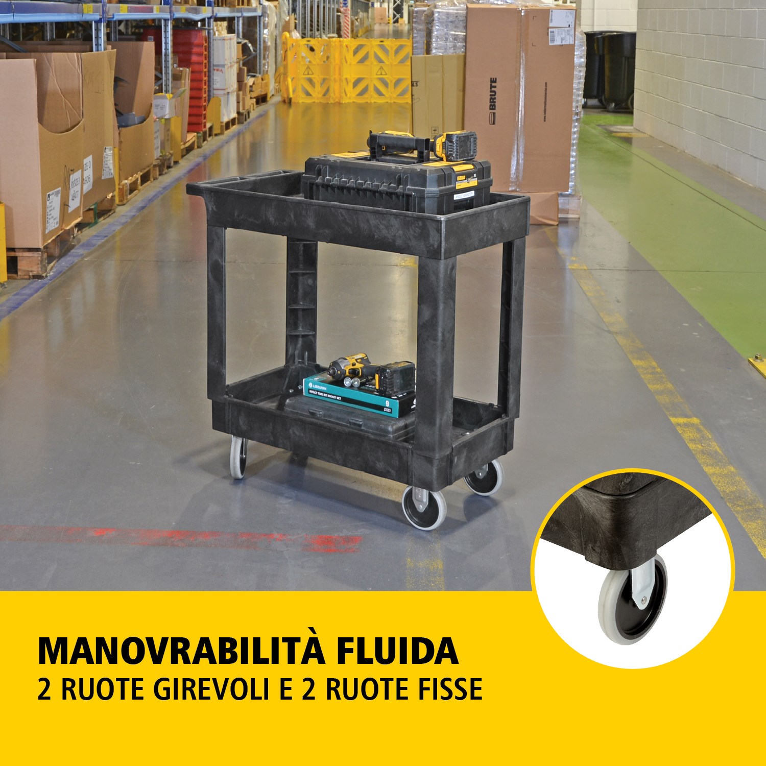 Il carrello utility Heavy-Duty con ripiani bordati trasporta materiali e carichi pesanti in sicurezza fino a 226 kg. I bordi impediscono la caduta degli oggetti.