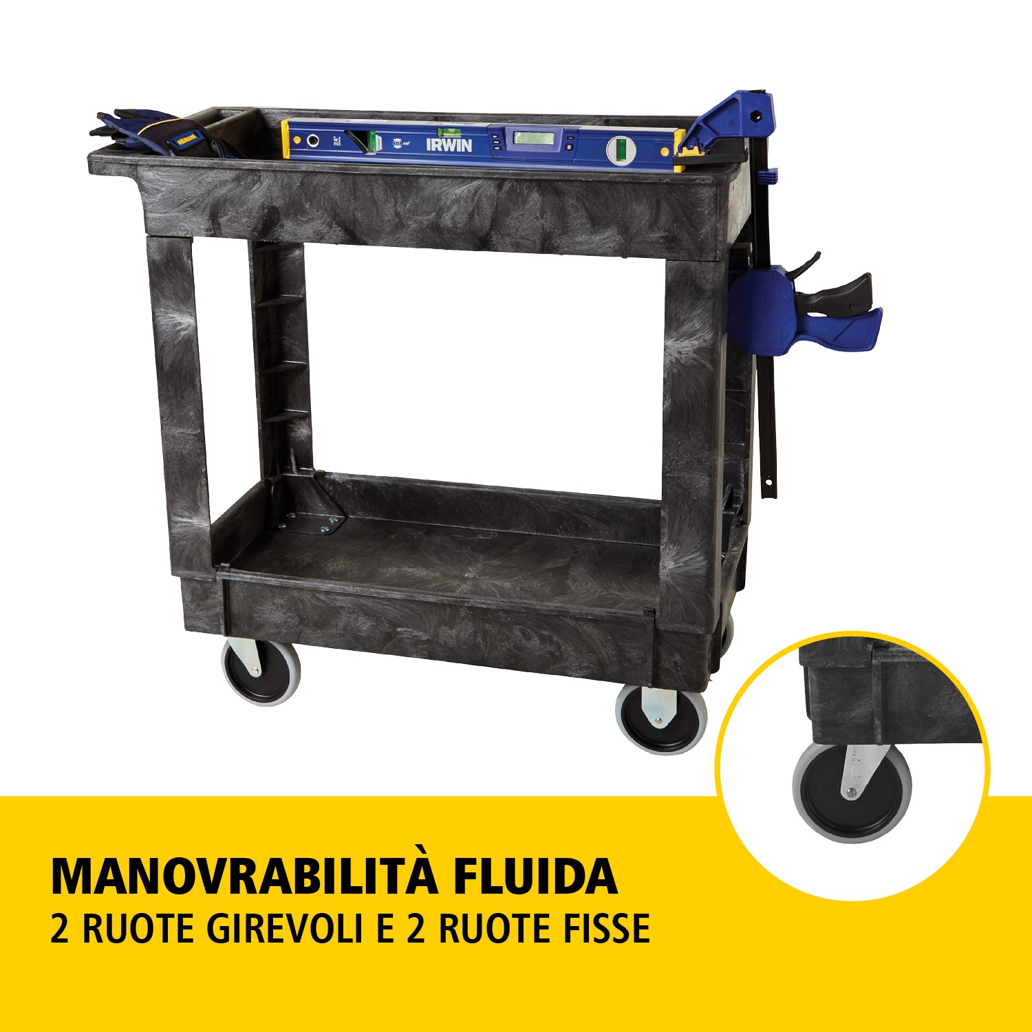 Il carrello utility Heavy-Duty con ripiani bordati trasporta materiali e carichi pesanti in sicurezza fino a 226 kg. I bordi impediscono la caduta degli oggetti.