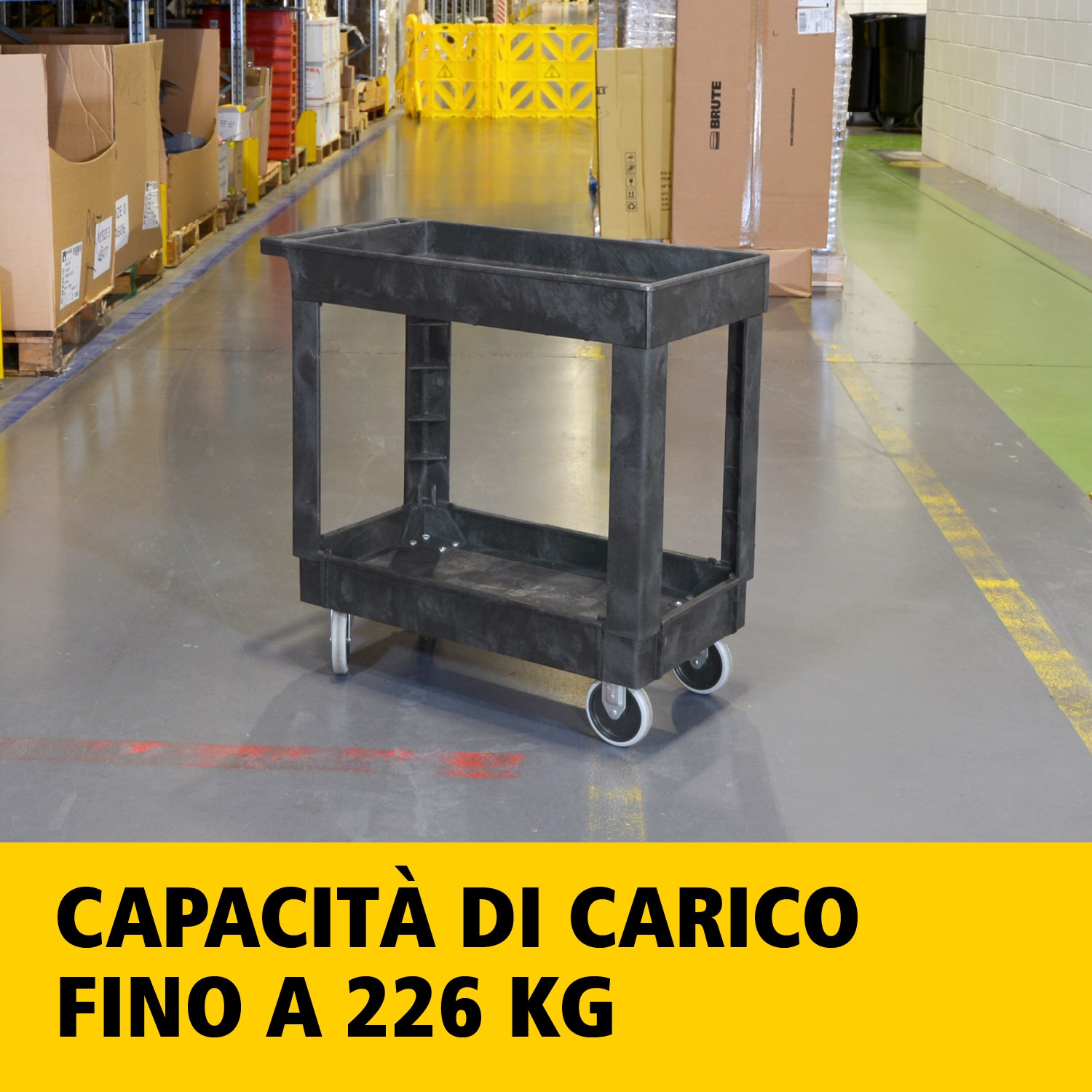 Il carrello utility Heavy-Duty con ripiani bordati trasporta materiali e carichi pesanti in sicurezza fino a 226 kg. I bordi impediscono la caduta degli oggetti.