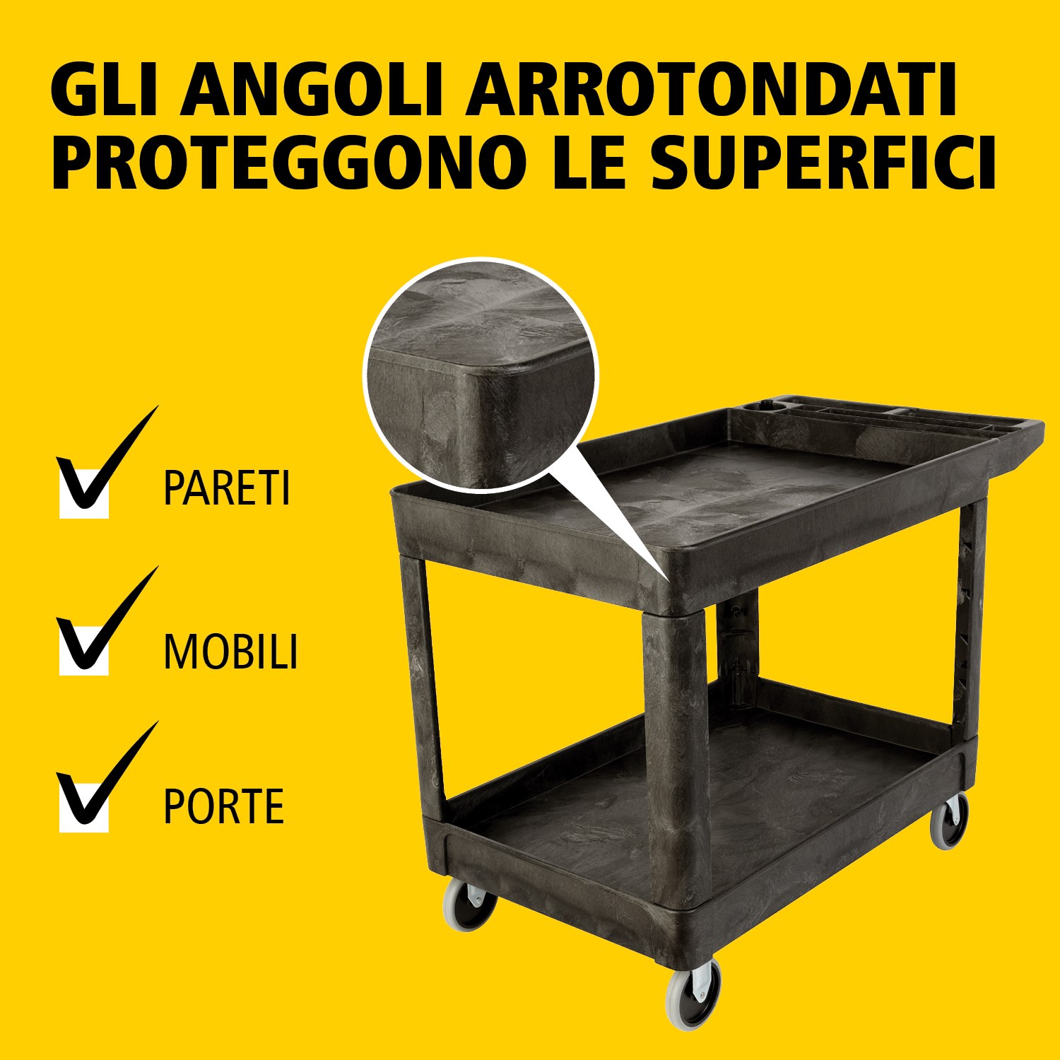 Il carrello utility Heavy-Duty con ripiani bordati trasporta materiali e carichi pesanti in sicurezza fino a 226 kg. I bordi impediscono la caduta degli oggetti.