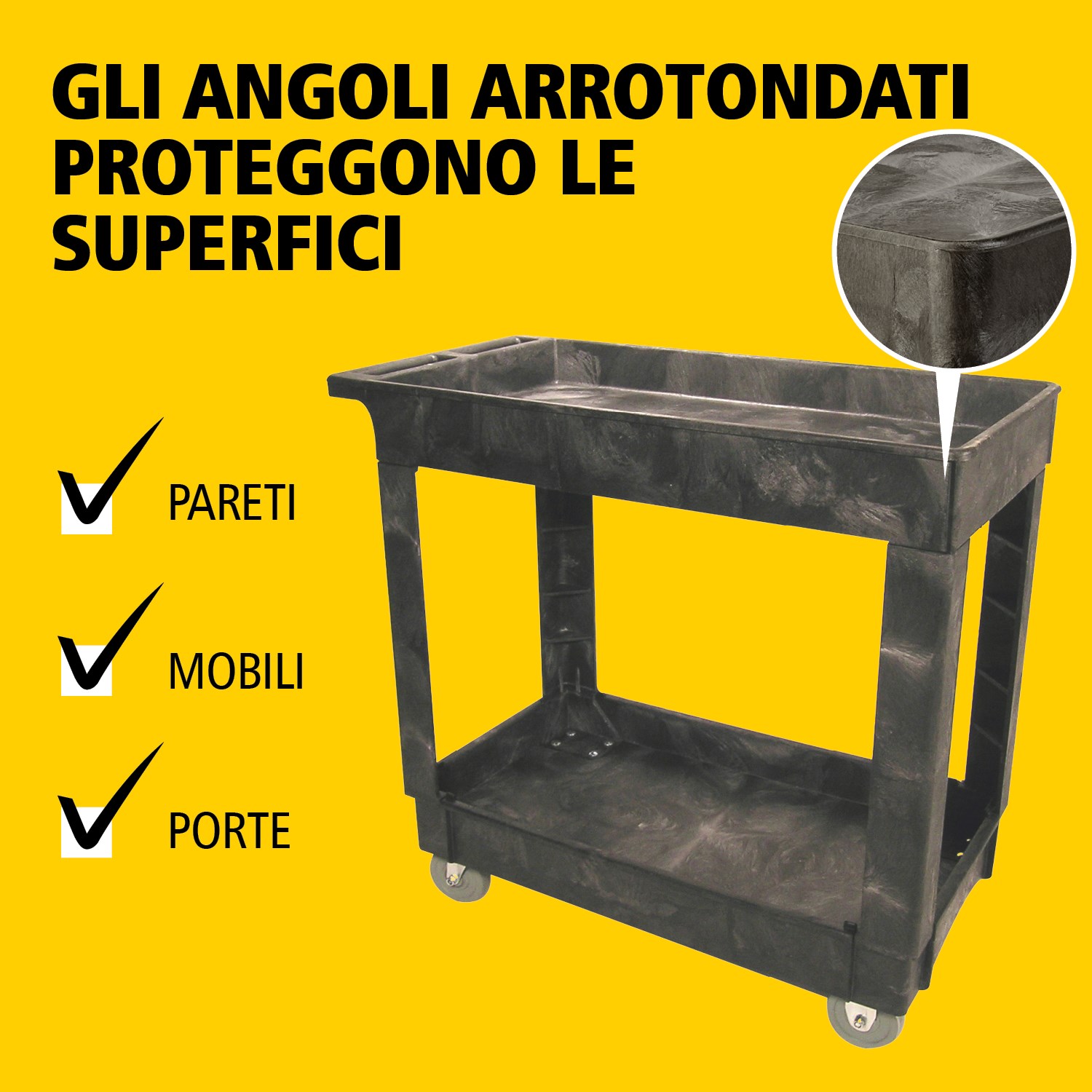 Il carrello utility Heavy-Duty con ripiani bordati trasporta materiali e carichi pesanti in sicurezza fino a 226 kg. I bordi impediscono la caduta degli oggetti.