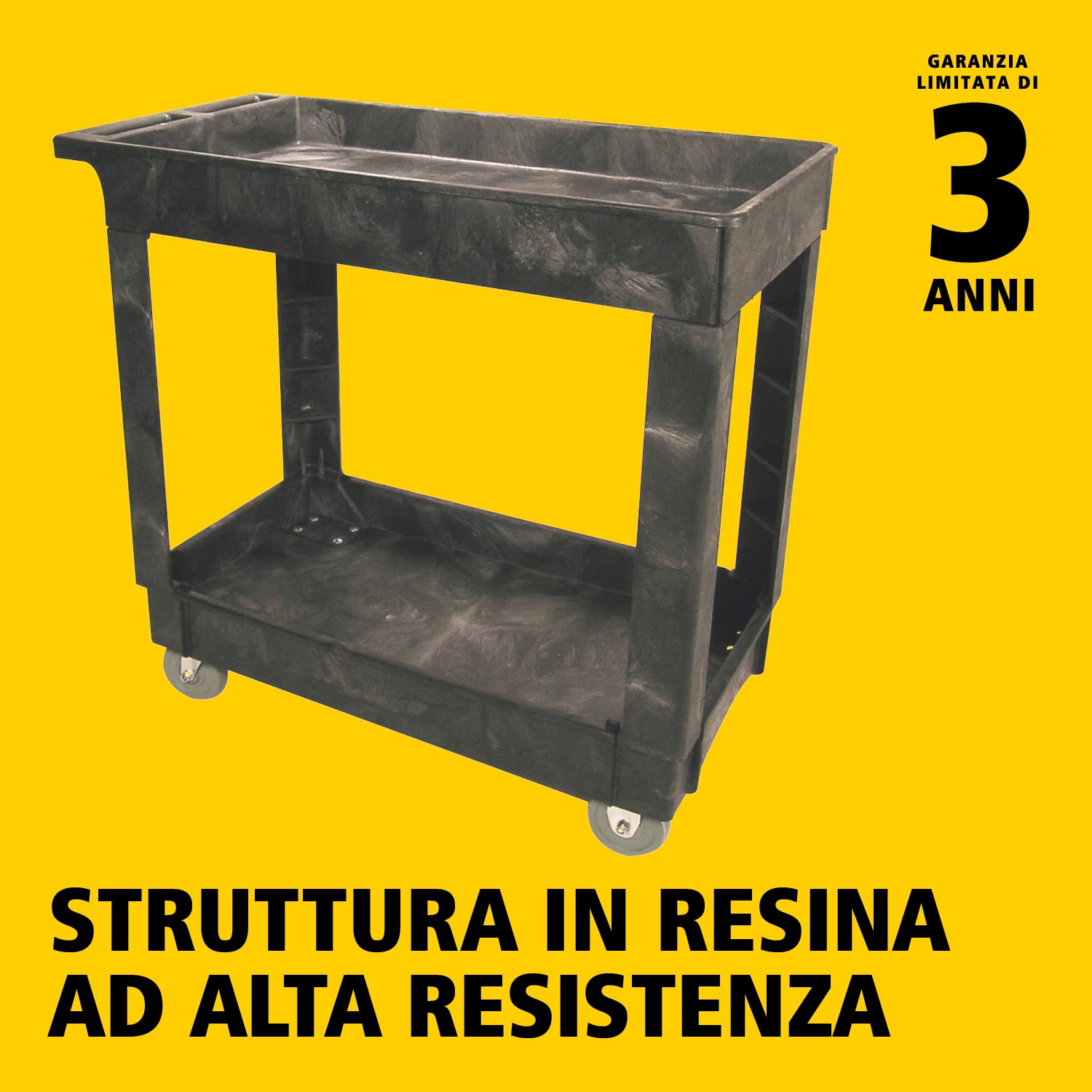 Il carrello utility Heavy-Duty con ripiani bordati trasporta materiali e carichi pesanti in sicurezza fino a 226 kg. I bordi impediscono la caduta degli oggetti.