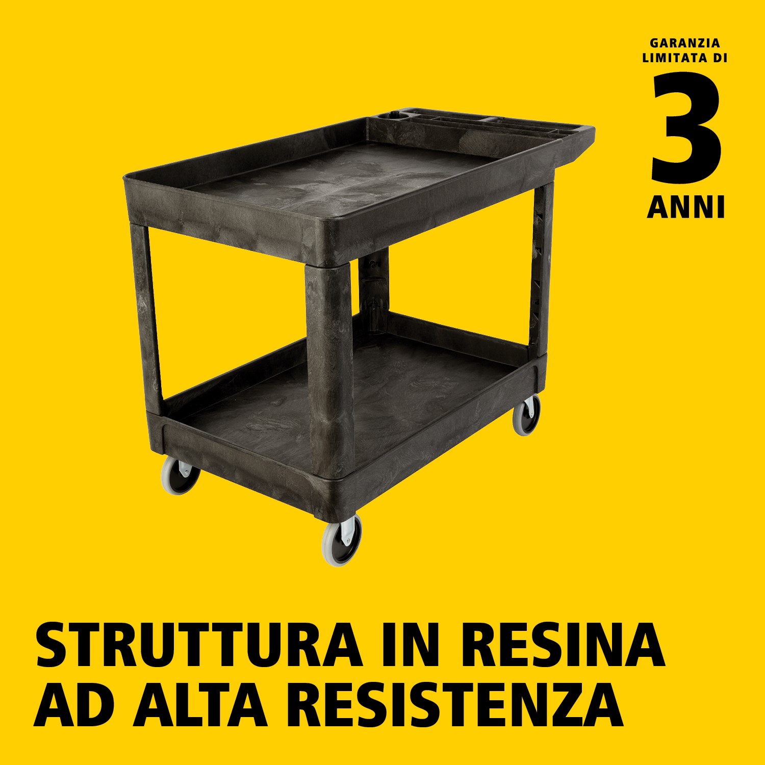 Il carrello utility Heavy-Duty con ripiani bordati trasporta materiali e carichi pesanti in sicurezza fino a 226 kg. I bordi impediscono la caduta degli oggetti.