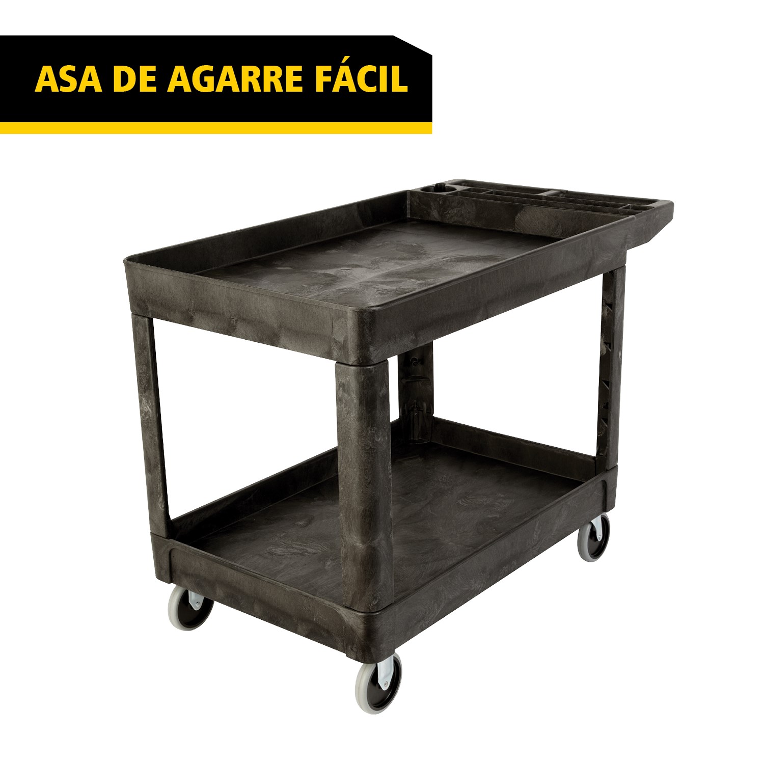 El carro utilitario Heavy-Duty con estantes con borde transporta materiales y cargas pesadas de forma segura hasta 226 kg. Los bordes evitan la caída de objetos.