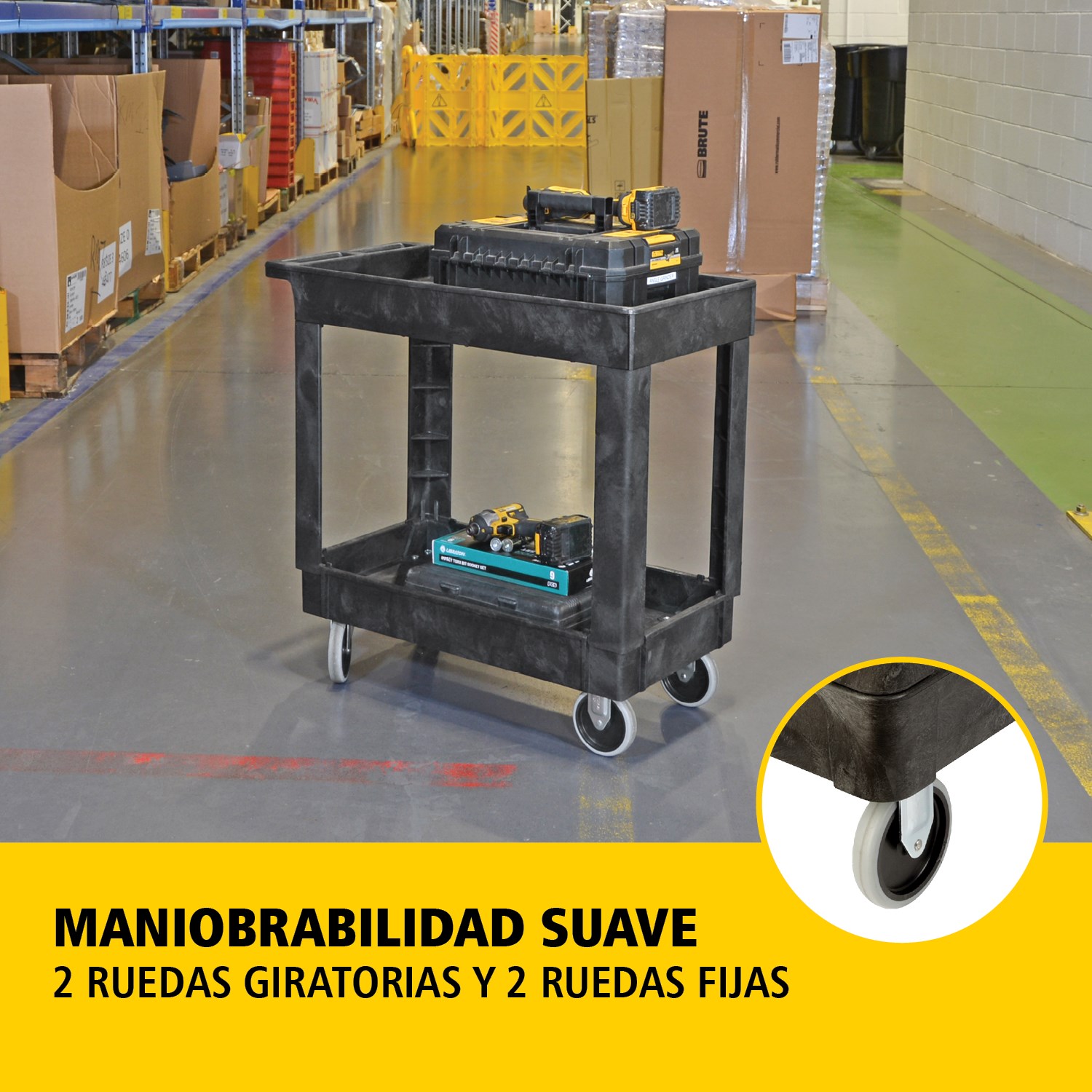 El carro utilitario Heavy-Duty con estantes con borde transporta materiales y cargas pesadas de forma segura hasta 226 kg. Los bordes evitan la caída de objetos.